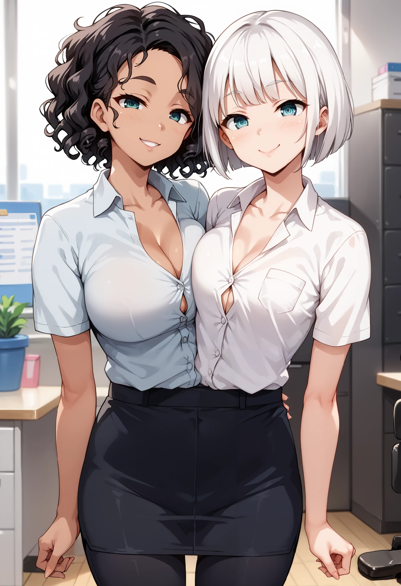 best resolution, conjoined, anime girl with two torsos, different chest size, , tall, white hair with bob cut, short frizzy black hair,  different skin colors, tareme eyes, tsurime eyes,  different eyebrows, flirting, looking at each other, office button shirt, skirt-pants, 