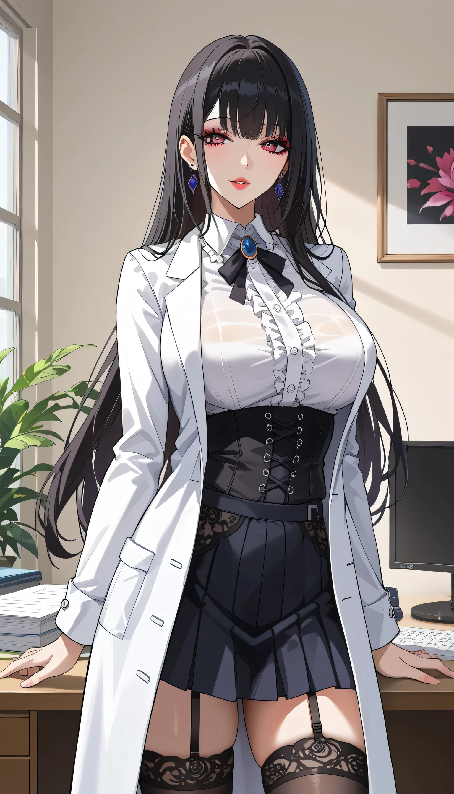  score_9,  score_8_up,  score_7_up,  source_Anime,masterpiece、 office、office、 No Emotion、 no makeup、 best quality, beautifully detailed eyes ,  Beautiful Detailed Lips、 highly detailed eyes and face,Unmotivated look、Apathetic face、 long breasts, 1 female, Put on a white coat、Gothic ta shirt under a white coat、Gothic Lolihirts 、Gothic and Lolita Ss、gothic lolita shirthic Loliskart 、 Minirt、 short skirt  , Big saggy breasts, shockingly  Big Breasts ,  Big Breasts , room,Big Breasts、 boobs 、 zitales, makeup、 no makeup、 black hair、 Long Hair、Smooth straight hair、 black stockings 、 garter belt 、黒の garter belt 