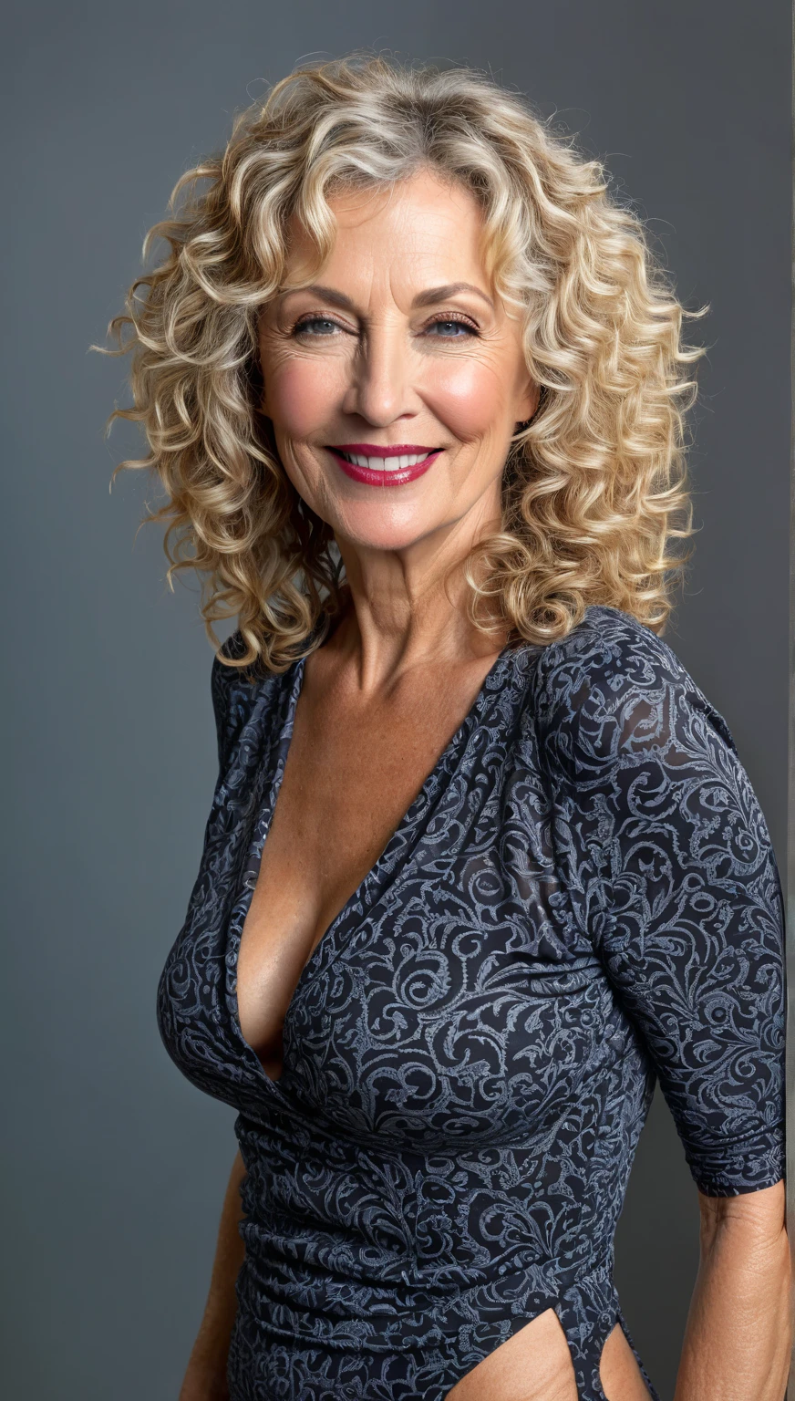 full body shot,  Photo of a mature European woman ,  50 years in total , Uma MILF, beautiful face,  curly blonde hair , POSE SEXY,  detailed lips,  8k ultra detailed full body photo , provocative , California, em holywood, Young style, beautiful smile, 