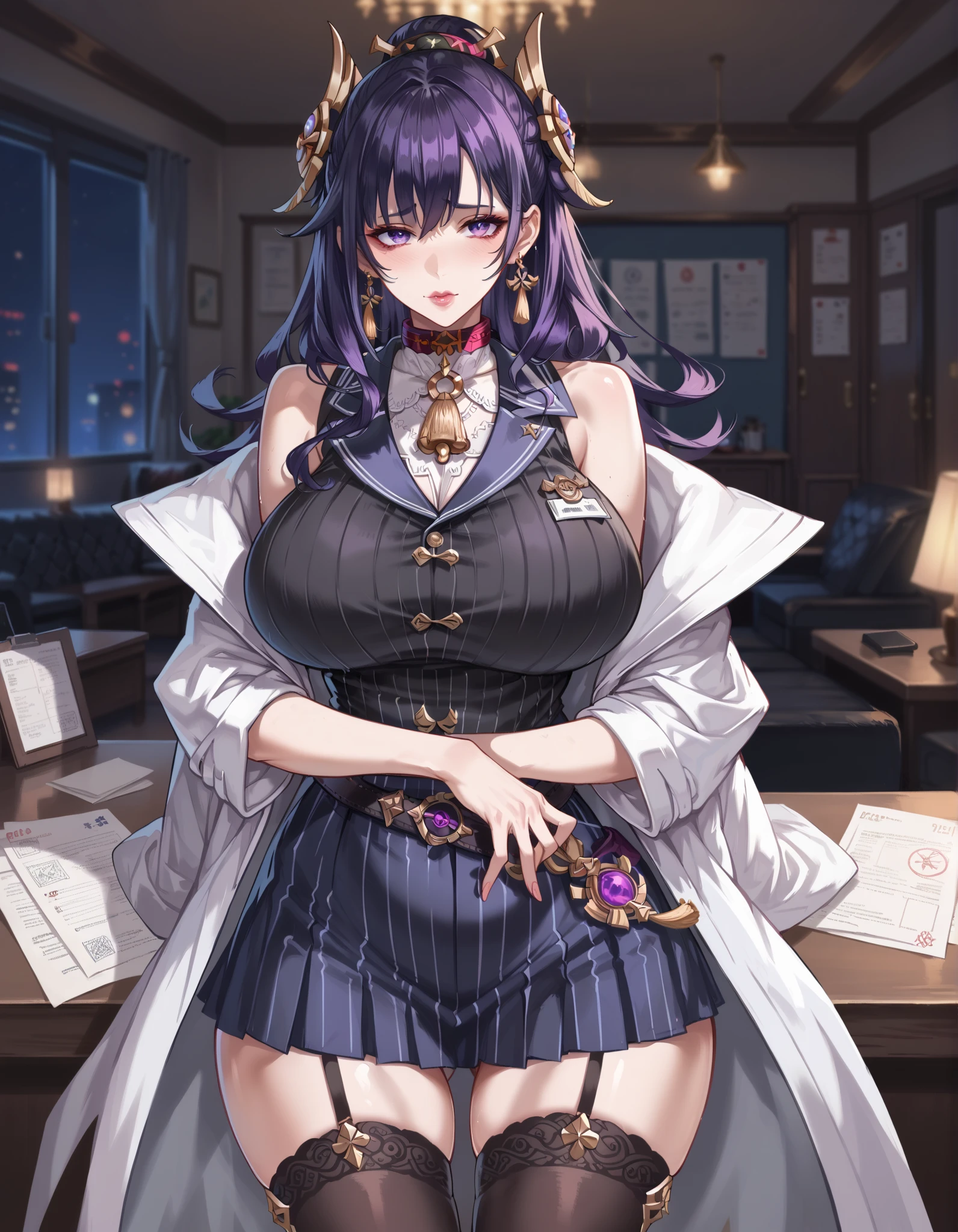 (masterpiece, best quality:1.2),illustration,8k,hd,1girl,solo,cowboy shot,blue_cloak,black_pantyhose,long_hair,red_necktie,black_ribbon,twintails,jacket,hair_ribbon,collared_dress,blue_hair,braid,ankle_boots,black_gloves,french_braid,short_dress,underbust,bangs,yellow_eyes,sidelocks,boots,large_breasts,brown_eyes,purple_hair,black_footwear,<lora:Essex(azur)>,