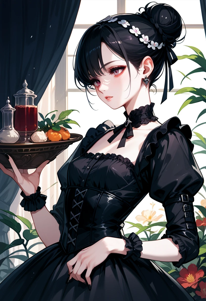 Nice (Gothic:1.4) woman, edgVTD, (carries edgVTD:1.4), dark floral print, collared dress, formal attire, perfect hair, pony tail, Viewers look at, Knicks, accidental upskirt, teasing viewer, (Afternoon tea:1.2), Forecourt, Garden, summer day, Full body,
(masterpiece),