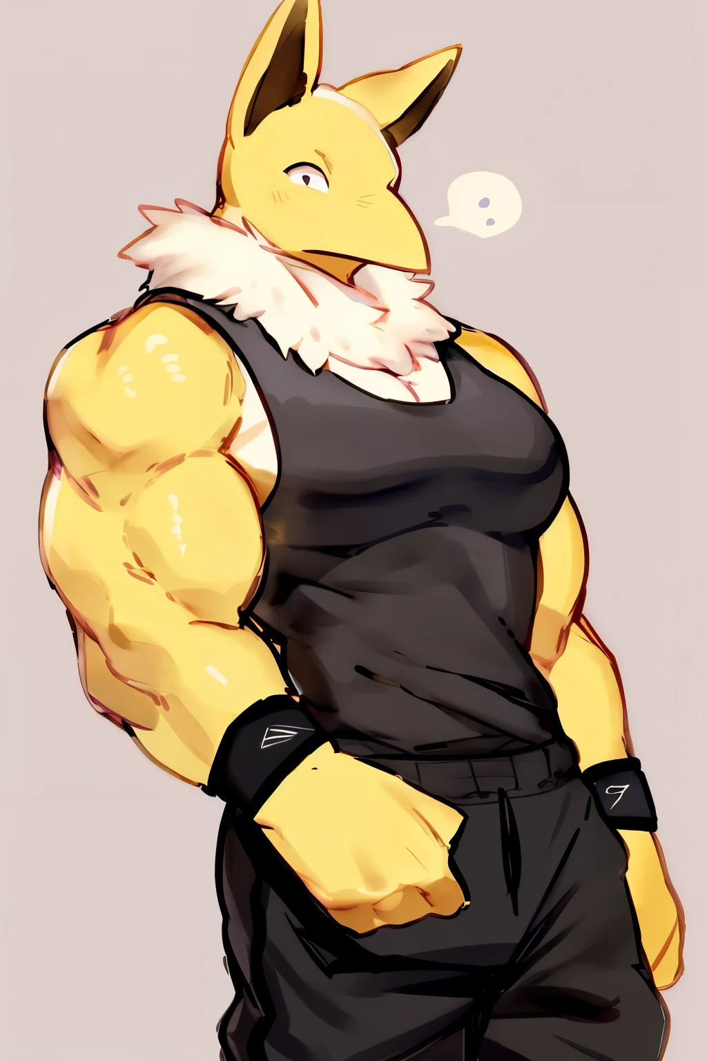 Furry, Anthro, solo, Hypno, Male, (((muscular, large pectorals, yellow skin, wearing white fluffy fur around neck))), ((((massive biceps, wide-eyed, dot pupils, head tilt)))), ((((((massive bulky torso, wearing black tanktop, black wristbands, wearing black sweatpants)))))), upper body, black/yellow spraypainted background, by buta99, by zackary911, by bebebebebe, (((digital painting)))