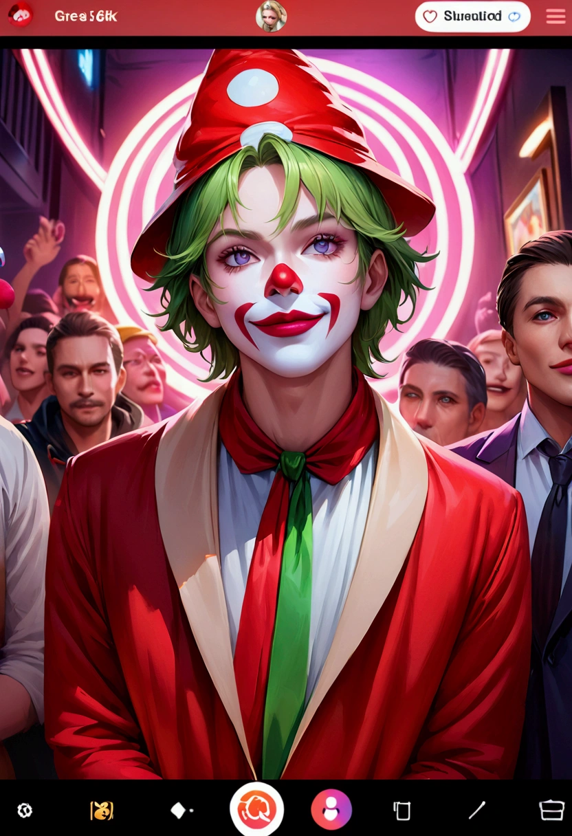  One Man, Portrait of Margot Robbie playing a clown at a crowded party, Wearing a closed black and red clown costume, Joker style ,  his face is illuminated by neon lights, Similar to the Joker , Purple, He is standing,  model shooting style  ( highly detailed CG Unity 8K Wallpaper), Full frame photo capturing the world's most beautiful work of art ,  Professional ,  trending Artstation ,  Photo of,  complicated,  high definition,  Clear Focus , dramatic,  Midjourney and Greg Rutkowski on Instagram