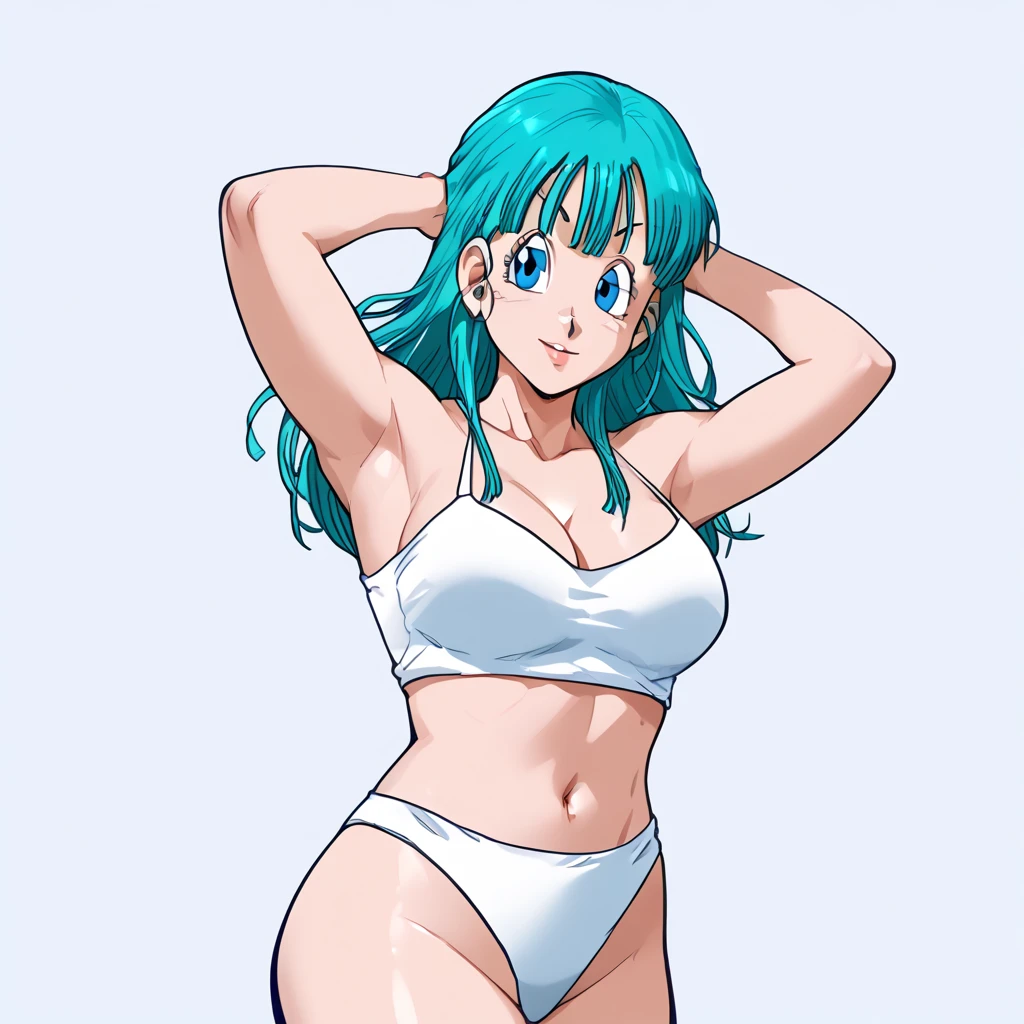 Bulma, big breasts, blue hair, showing her armpits, wearing a bikini