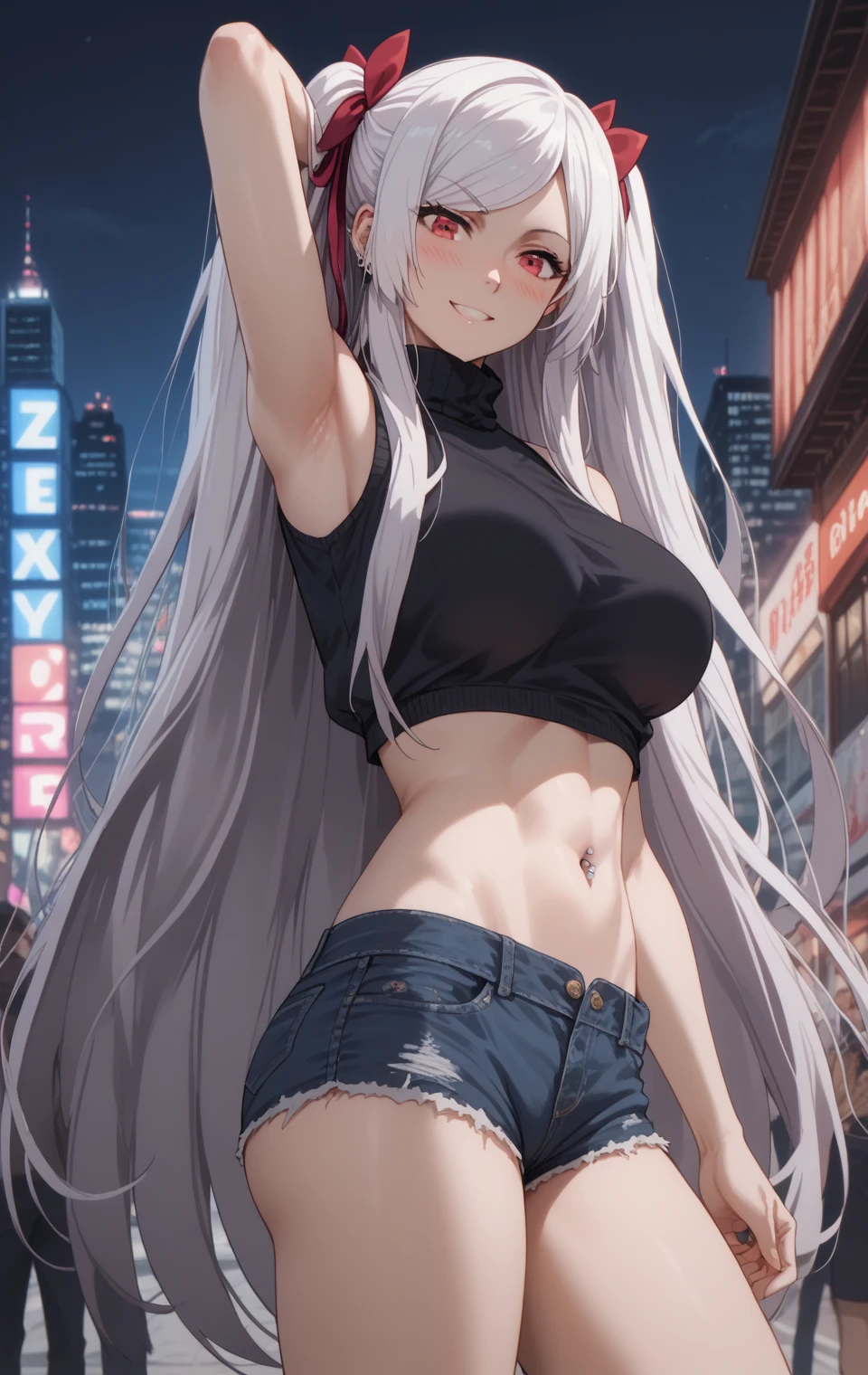 Source anime, Tall girl, Fit girl,score_9, score_8_up, score_7_up, score_6_up, uncensored, alexia midgar, long hair, very long hair, black hair ribbon, white hair, red eyes, sidelocks, ribbon, large breast, black shirt, turtleneck, zipp, bare shoulders, Sleeveless, armpit, crop shirt, navel, Piercing, denim hot pants, shorts denim, ass line, night city, outdoors, standing, smile, blush, white stock, cardigan, open cardigan 