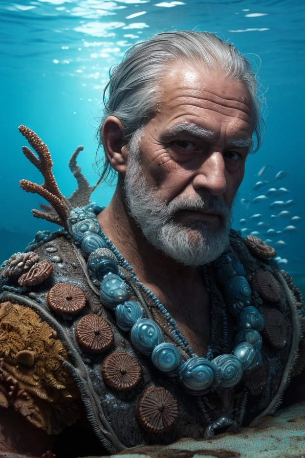 A wiry, elderly man with deep-set eyes and a tangled gray beard streaked with salt. His face bears the marks of a lifetime spent underwater, with faintly iridescent skin and tiny barnacles embedded along his jawline. He wears a vest woven from seaweed fibers, adorned with tiny polished shells and copper tools. His hands, worn and calloused, clutch a coral-encrusted tool used for crafting intricate gadgets. Behind him, the glowing underwater forges of a sailpunk reef city shimmer in the cool blue light. Drops of seawater glisten on his forehead, creating a tactile, lifelike effect. Style: Hyper-detailed realism, aquatic-themed lighting, cinematic focus, surreal textures, ultra-HD.