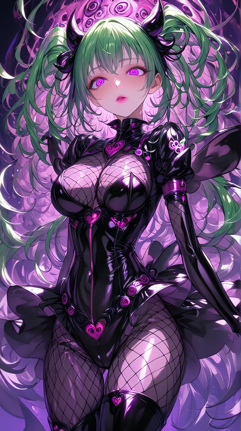  mature beautiful woman with ,( best quality, very detailed depiction , Incredible High Resolution ,High quality anime drawings),(Magical girl costume based on black and pink, latex bodysuit ,Body net suit, black tights, thigh-high boots),( green hair,Swirling Eyes,Purple Eyes, Hollow Eyes, Mind Control:1.3,hypnotism,Glossy lips, glamorous body, slender ,stoic,Empty look,Fall,Fallen into evil,Being manipulated,Beautiful legs, healthy legs), cowboy shot:1.3