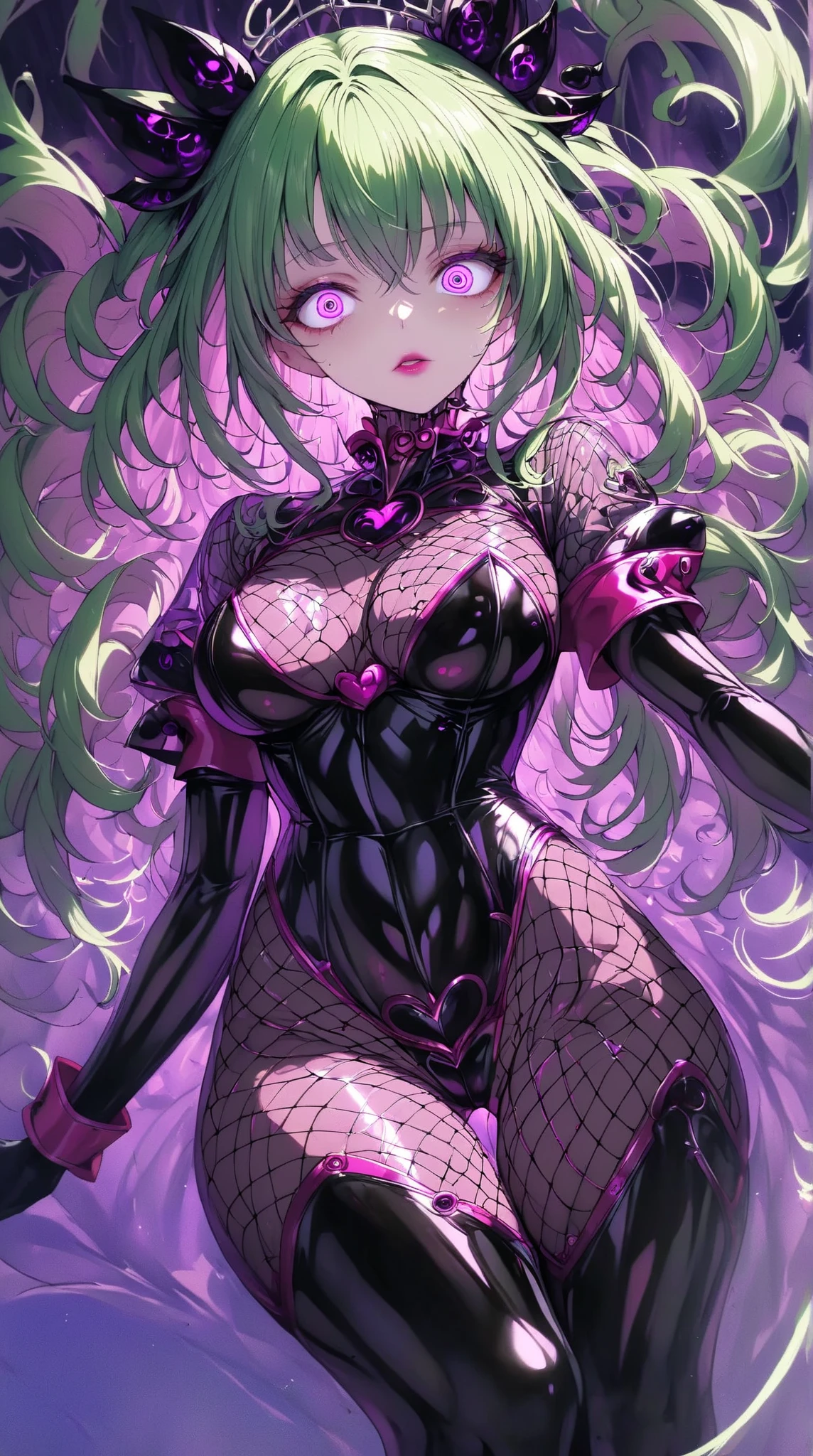  mature beautiful woman with ,( best quality, very detailed depiction , Incredible High Resolution ,High quality anime drawings),(Magical girl costume based on black and pink, latex bodysuit ,Body net suit, black tights, thigh-high boots),( green hair,Swirling Eyes,Purple Eyes, Hollow Eyes, Mind Control:1.3,hypnotism,Glossy lips, glamorous body, slender ,stoic,Empty look,Fall,Fallen into evil,Being manipulated,Beautiful legs, healthy legs), cowboy shot:1.3