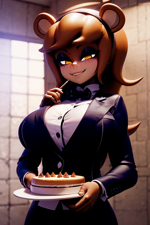 freddy_fnaf, 1fille, Alone, yellow eyes, huge breasts, Eating Cake, Black suit, chemise blanche, cravate rouge