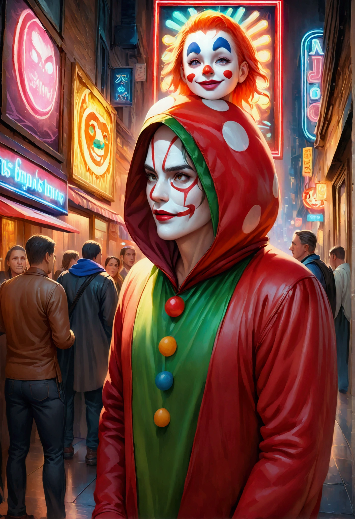  One Man,Play a clown at a crowded party , Wearing a closed black and red clown costume, Joker style ,  his face is illuminated by neon lights, Similar to the Joker , Purple, He is standing,  model shooting style  ( highly detailed CG Unity 8K Wallpaper), Full frame photo capturing the world's most beautiful work of art ,  Professional ,  trending Artstation ,  Photo of,  complicated,  high definition,  Clear Focus , dramatic,  photorealistic painting by Midjourney and Greg Rutkowski