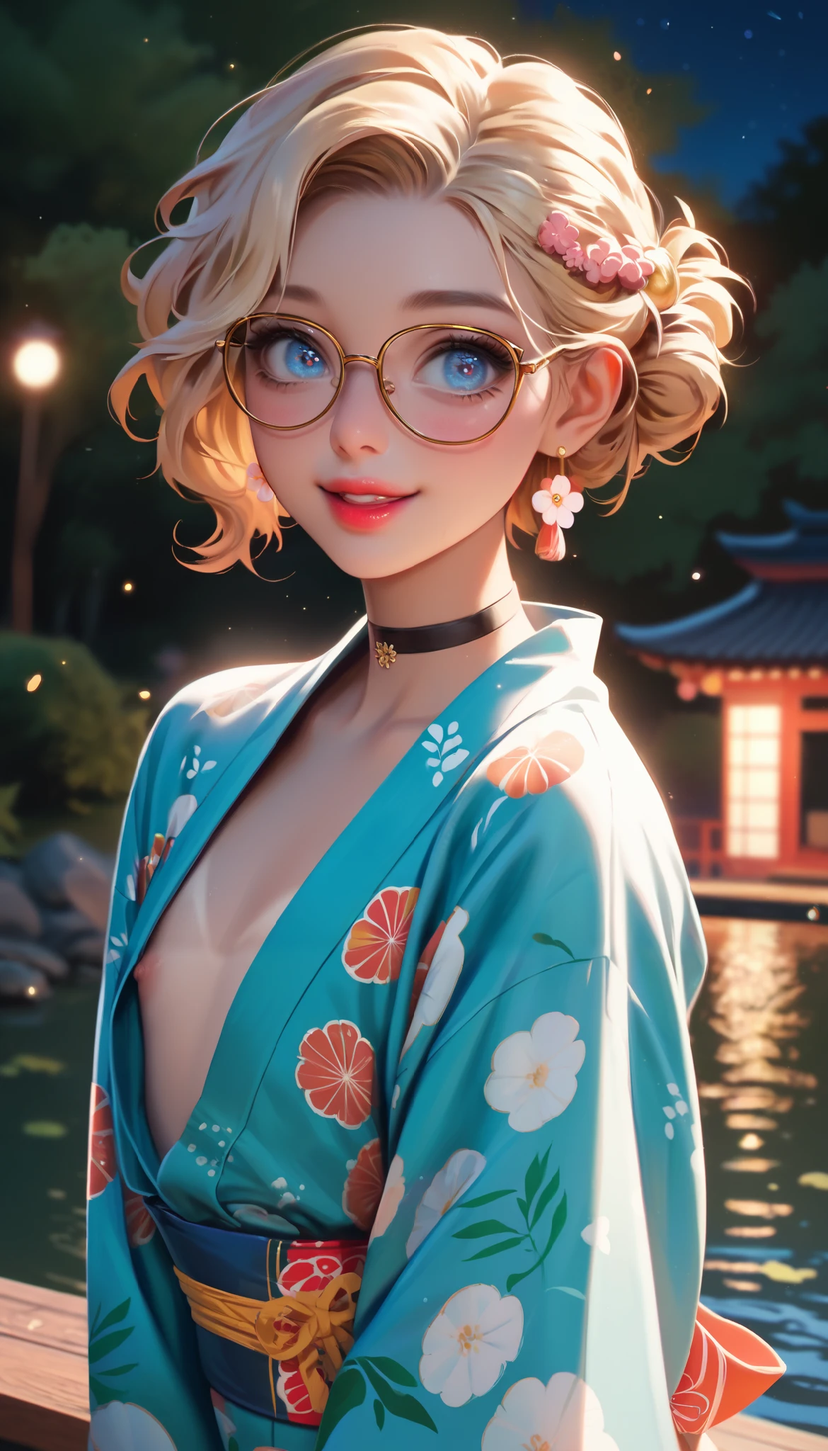hyperrealistic, detailed face, toned blonde femboy, blond eyes, slim, male, feminine touch, blond open short hair, tanned, slight tan lines, lipgloss, happy but exhausted, looking over a lake in awe, at night, japanese park, standing upright, showing the piece sign, ribbon in the hair, glasses, long golden earrings, black choker, intense lipstick, wearing a colorful yukata, blue eyes, white sash