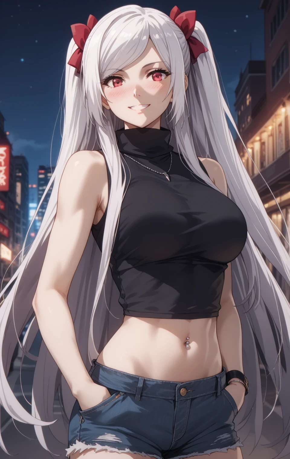 Source anime, Tall girl, Fit girl,score_9, score_8_up, score_7_up, score_6_up, uncensored, alexia midgar, long hair, very long hair, black hair ribbon, white hair, red eyes, sidelocks, ribbon, large breast, black shirt, turtleneck, zipp, bare shoulders, Sleeveless, crop shirt, navel, Piercing, denim hot pants, shorts denim, night city, outdoors, standing, smile, blush, white stock, cardigans, open cardigans ,  hand on pocket 