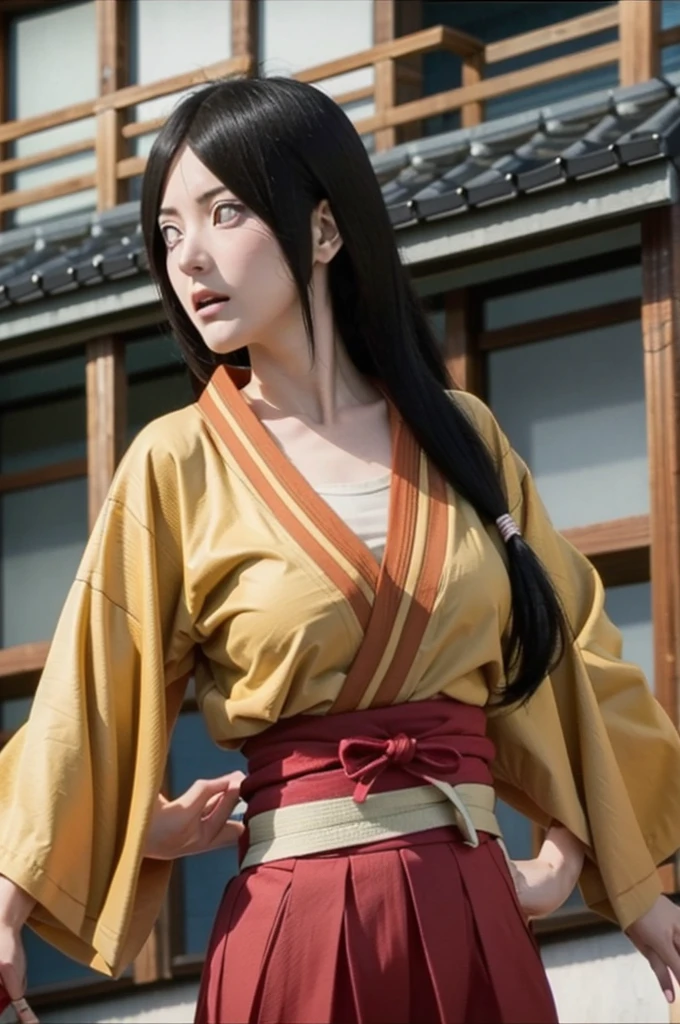 hyuuga hanabi 1girl, solo, big breast, orange kimono, red hakama skirt, obi, wide sleeves, looking at viewer, closed mouth, wind, low tied long hair, byakugan eyes 