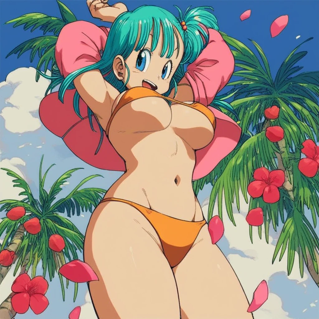 Bulma, big breasts, blue hair, showing her armpits, wearing a bikini, curvy body