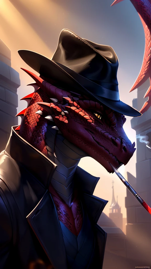 Realistic, detailed, beautiful, masterpiece, HDR, castle interior background, fantasy setting, detective, ((red dragonborn wearing trench coat, wearing a black shirt, wearing black pants, trench coat:1.2, fully clothed, trench coat closed, black trench coat, black fedora, wearing black fedora)) dragon, anthro, male, male body, red skin, (red scales:1.9), (two long thin horns:1.3), yellow eyes, detailed eyes, perfectly shaped body, confident majestic pose, claws, masculine facial features, mysterious gaze, neutral facial expression, red pointed ears, standing tall, out doors, daytime, full body, full body portrait, face focus, ((wearing fedora, full body:1.2)
(detailed Bonifasko lighting), (detailed scales), (detailed skin), (male dragonborn), BREAK, ((short flowing tail)), ((facing viewer)), (cinematic lighting), ((detailed background)), ((portrait view)), (((close-up))), (good lighting), [backlighting], [crepuscular ray], [detailed ambient light], [gray natural lighting], [ambient light on the belly], (higher wildlife feral detail), [explict content], [sharp focus], (questionable content), (shaded), ((masterpiece)), furry dragonborn, reptilian face, furry Fantasy Art, furry Art, Commission for High Res, anthro Art, POV furry Art,Sakimichan beautiful, masterpiece, best quality, detailed image, bright colors, wearing a black shirt, detailed face, perfect lighting, perfect shadows, perfect eyes, yellow eyes, flawless face, face focus, (masterpiece:1.21), (best quality:1.2), (illustration:1.2), (cinematic lighting:1.3), detailed scales, balanced coloring, global illumination, ray tracing, good lighting, scales, anthro, well lit, red scales (smoking a cigarette, mysterious) ((wearing black undershirt))