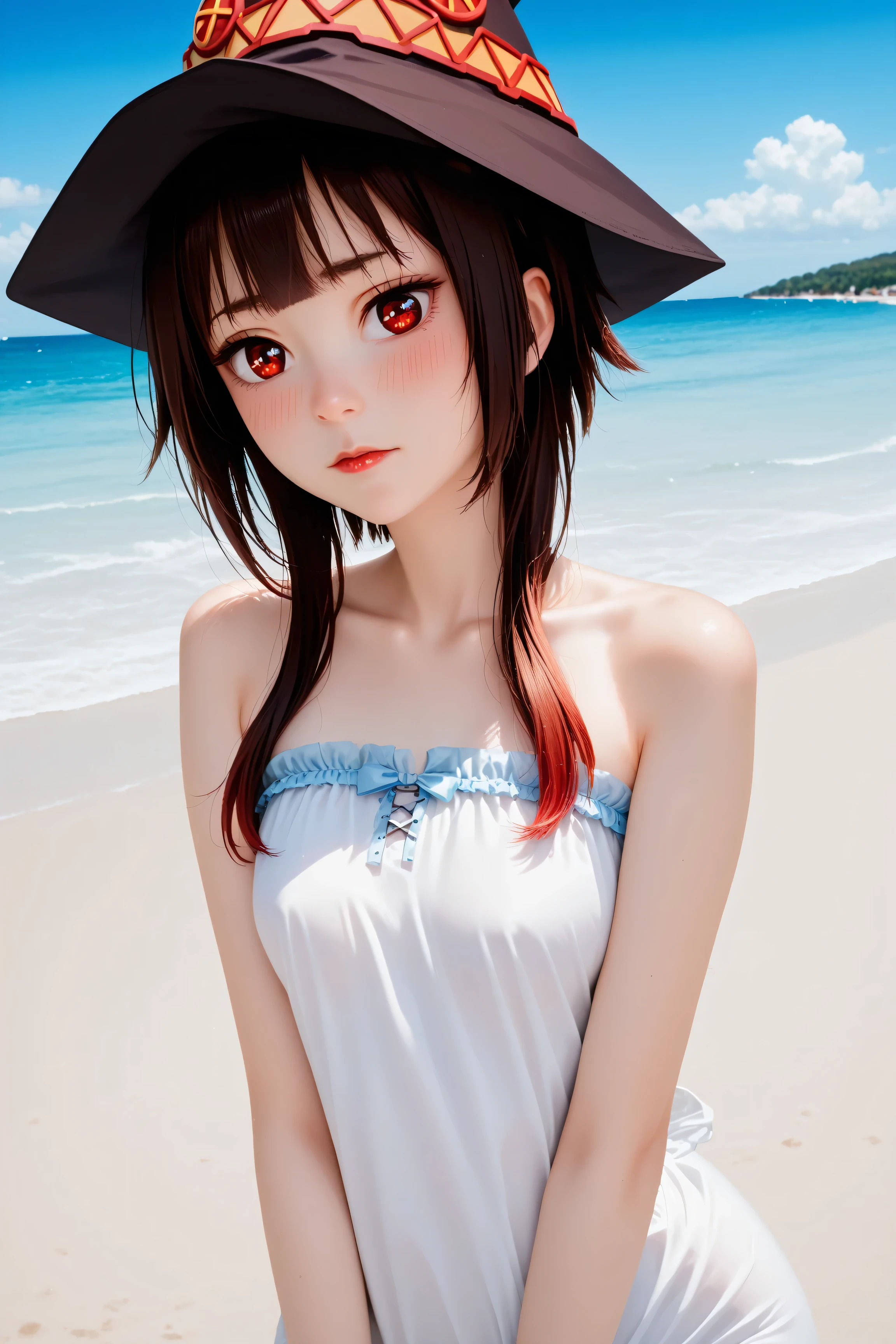 (highest quality:1.2, Very detailed, Latest, Vibrant, Super Detail, Ultra-high resolution, High Contrast, masterpiece:1.2, highest quality, Best aesthetics, there is:0.9), alone, (1 female), Megumin, short hair, black hair, (red eyes:1.3), short hair with long locks, minimal, 1girl, solo, red eyes, nose blush, shy, looking at viewer, tight round butt, cute overload, small breasts, slim figure, contrapposto, (beautiful sandy shore), (ocean in background), (beautiful blue sky),