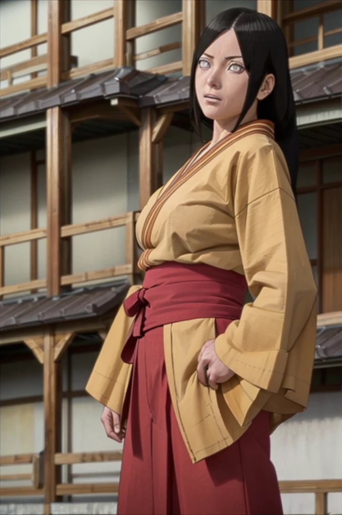 hyuuga hanabi 1girl, solo, big breast, orange kimono, red hakama skirt, obi, wide sleeves, looking at viewer, closed mouth, wind, low tied long hair, byakugan eyes 