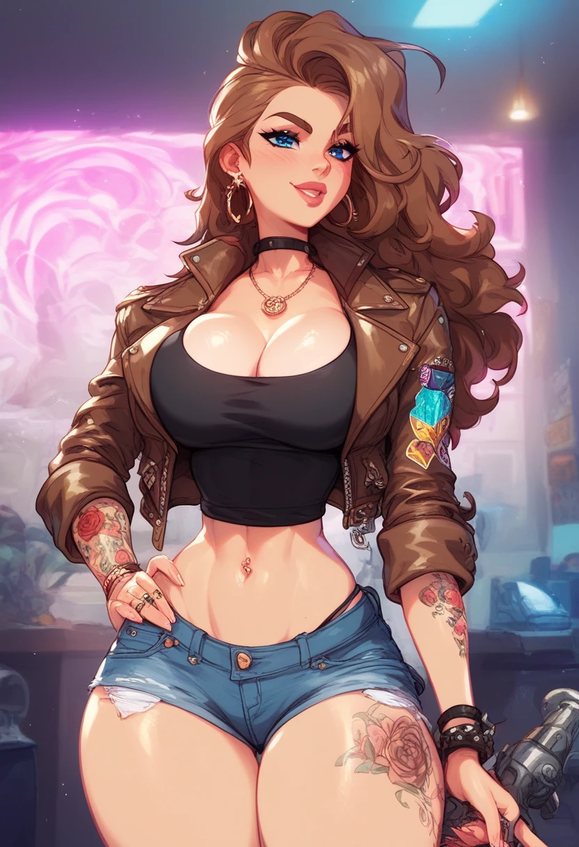    graphic novel style    , a woman,    long brown hair ,  ,(  Blue Eyes).   Leaning.  She has a feminine and sensual body with thick thighs,   thin waist   ,    Big breasts    .(  She wears a brown leather jacket ,  black top and short and tight denim shorts ),highlighted and tattooed legs    .   The portrait features a sexy  ,  standing,Messing with hair,in a room,vibrant colors . Award Winning Illustration.   shadow and light   .light dark.