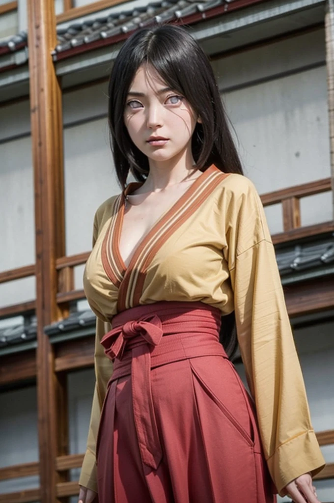 hyuuga hanabi 1girl, solo, big breast, orange kimono, red hakama skirt, obi, wide sleeves, looking at viewer, closed mouth, wind, low tied long hair, byakugan eyes 