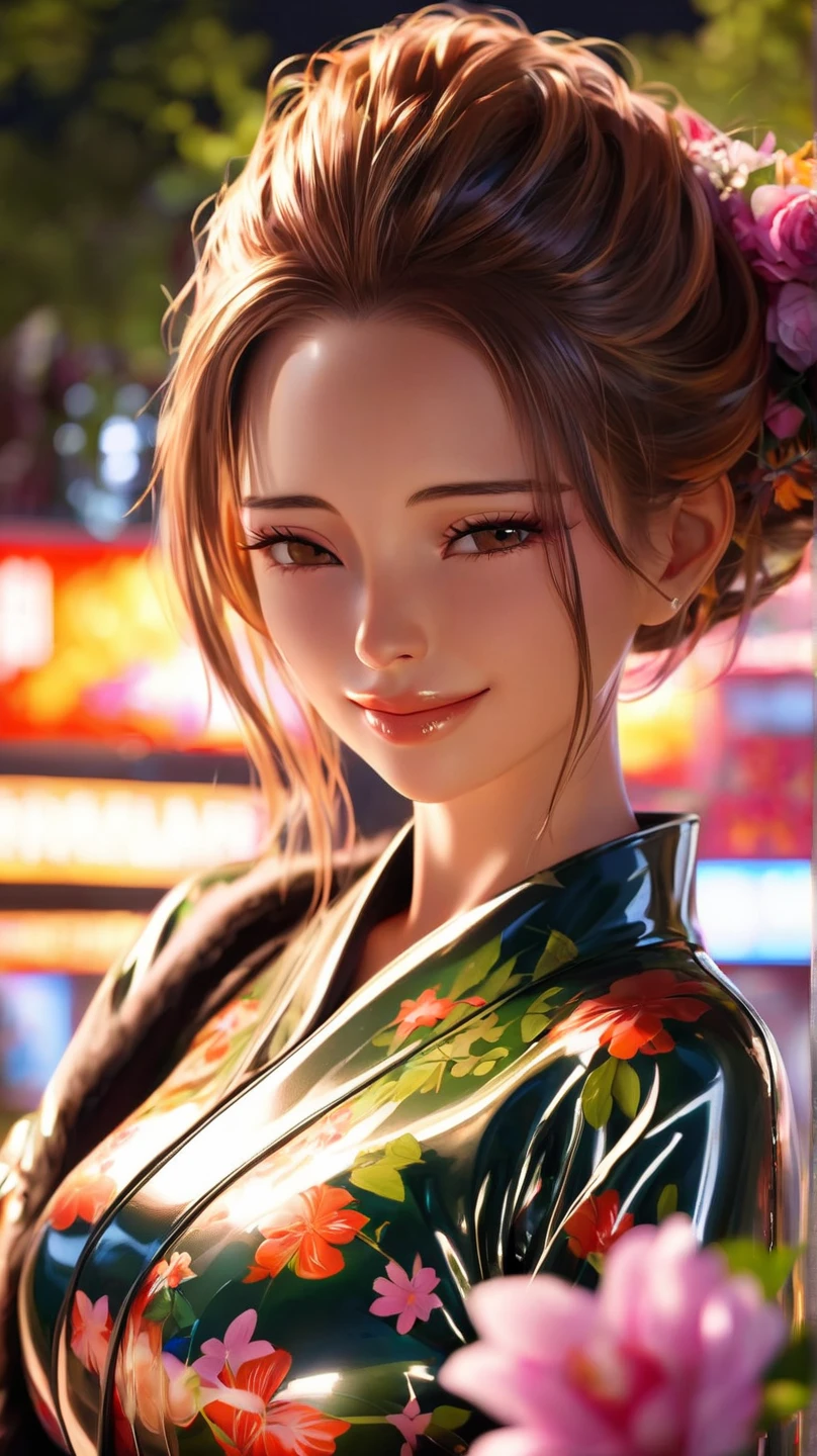 Create an illustration of an anthropomorphized sparrow girl at a vibrant, colorful mahjong tournament. She is wearing a cheongsam with traditional Chinese patterns and accessories made from mahjong tiles. Her hair is a gradient of brown and white with highlights of fluorescent pink and green, and her eyes are bright brown with a touch of fluorescent glow. She is posed joyfully celebrating a win, holding a mahjong tile between her fingers. The background features mahjong tables under colorful neon lights and lanterns, creating a lively and energetic atmosphere. Her expression is a beaming, joyous smile, capturing her exuberant personality.
