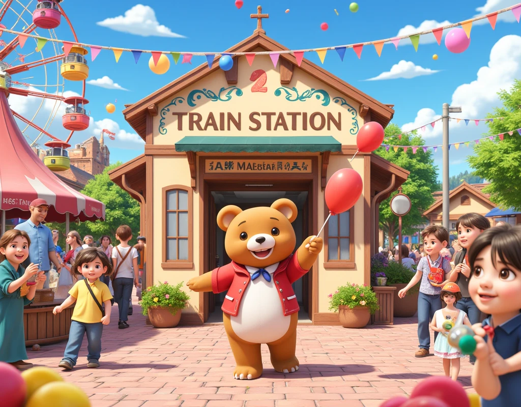 ((masterpiece:1.2, super detail, high quality, best quality,  highres icon, Best illustration)), Station with a cute design , Scenery in front of the station , The entrance to the station can be seen, fun, fun雰囲気, Ferris Wheel, Balloons dance ,  sign, "STATION":1.3 BREAK,  train BREAK cute bear costume , Stocky, Handing out red balloons , Put on a station attendant&#39;s hat,  smiling  with a face like Rilakkuma receiving a BREAK balloon, Smiling Family , pedestrian traffic, Lively, fun BREAK 大道芸人