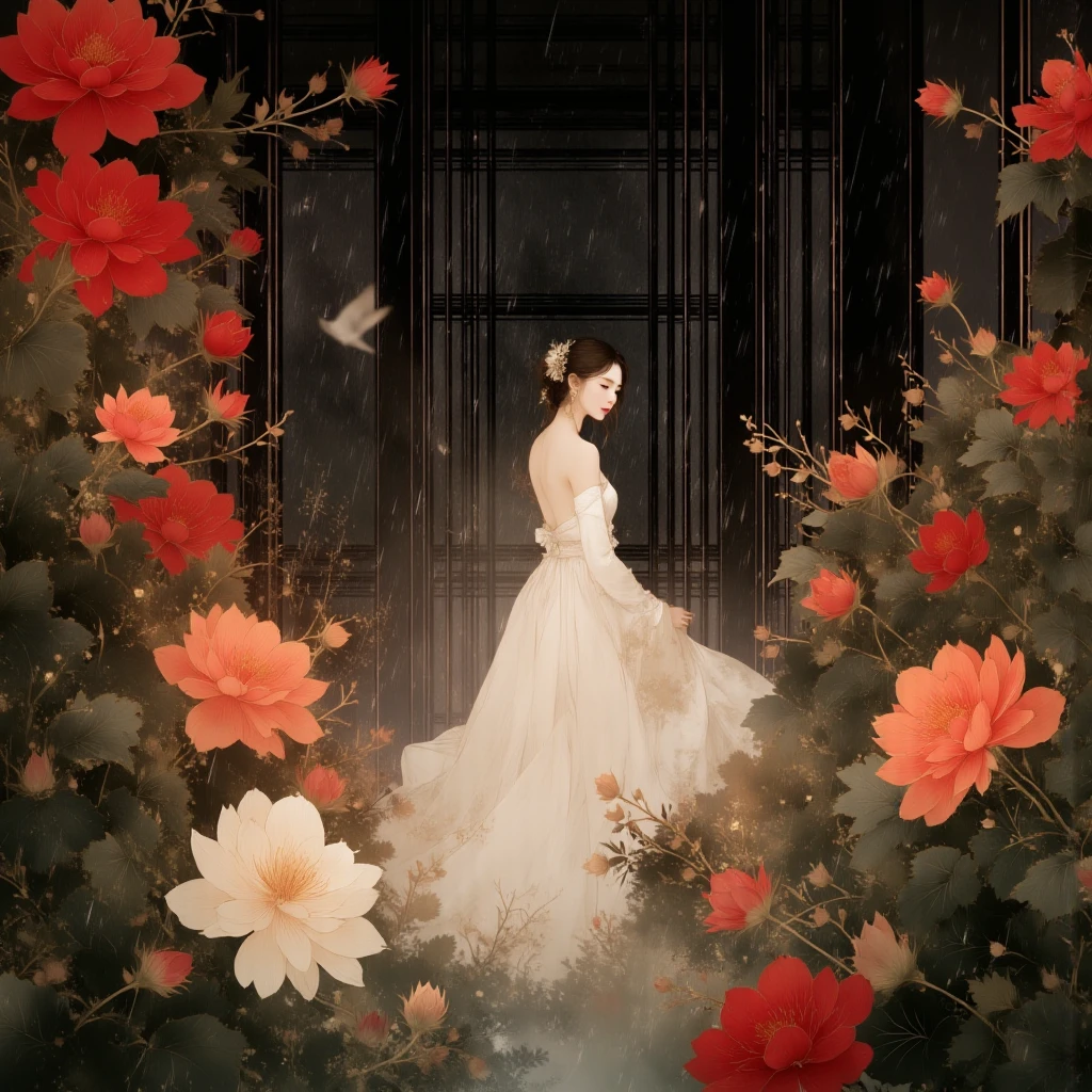 A hyper-realistic Chinese ink wash shuimo-painting, featuring a beautiful East-Asian woman surrounded by vibrant red flowers and a single white flower in the foreground. She is turning back and looking at the viewers with an elegant and serene expression. She is wearing a flowing white elegant dress, which glows softly in the subtle lighting. The detailed petals and buds are complemented by dark green leaves adorned with raindrops, surrounded by heavy rain falling gracefully. The image incorporates invert color, glow line, invert outline, glow, and shine to emphasize the intricate details of the woman, flowers, and leaves. The leaves appear semi-transparent with delicate veins, enhanced by soft gradients. The background features black mist, creating a soothing and mysterious atmosphere. The composition highlights natural beauty with a watercolor effect, blending cinematic lighting and high contrast for an elegant, peaceful, and minimalist result.