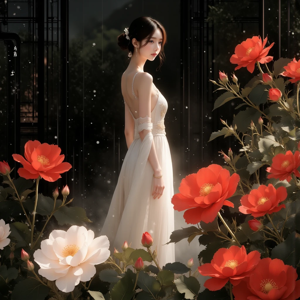 A hyper-realistic Chinese ink wash shuimo-painting, featuring a beautiful East-Asian woman surrounded by vibrant red flowers and a single white flower in the foreground. She is turning back and looking at the viewers with an elegant and serene expression. She is wearing a flowing white elegant dress, which glows softly in the subtle lighting. The detailed petals and buds are complemented by dark green leaves adorned with raindrops, surrounded by heavy rain falling gracefully. The image incorporates invert color, glow line, invert outline, glow, and shine to emphasize the intricate details of the woman, flowers, and leaves. The leaves appear semi-transparent with delicate veins, enhanced by soft gradients. The background features black mist, creating a soothing and mysterious atmosphere. The composition highlights natural beauty with a watercolor effect, blending cinematic lighting and high contrast for an elegant, peaceful, and minimalist result.