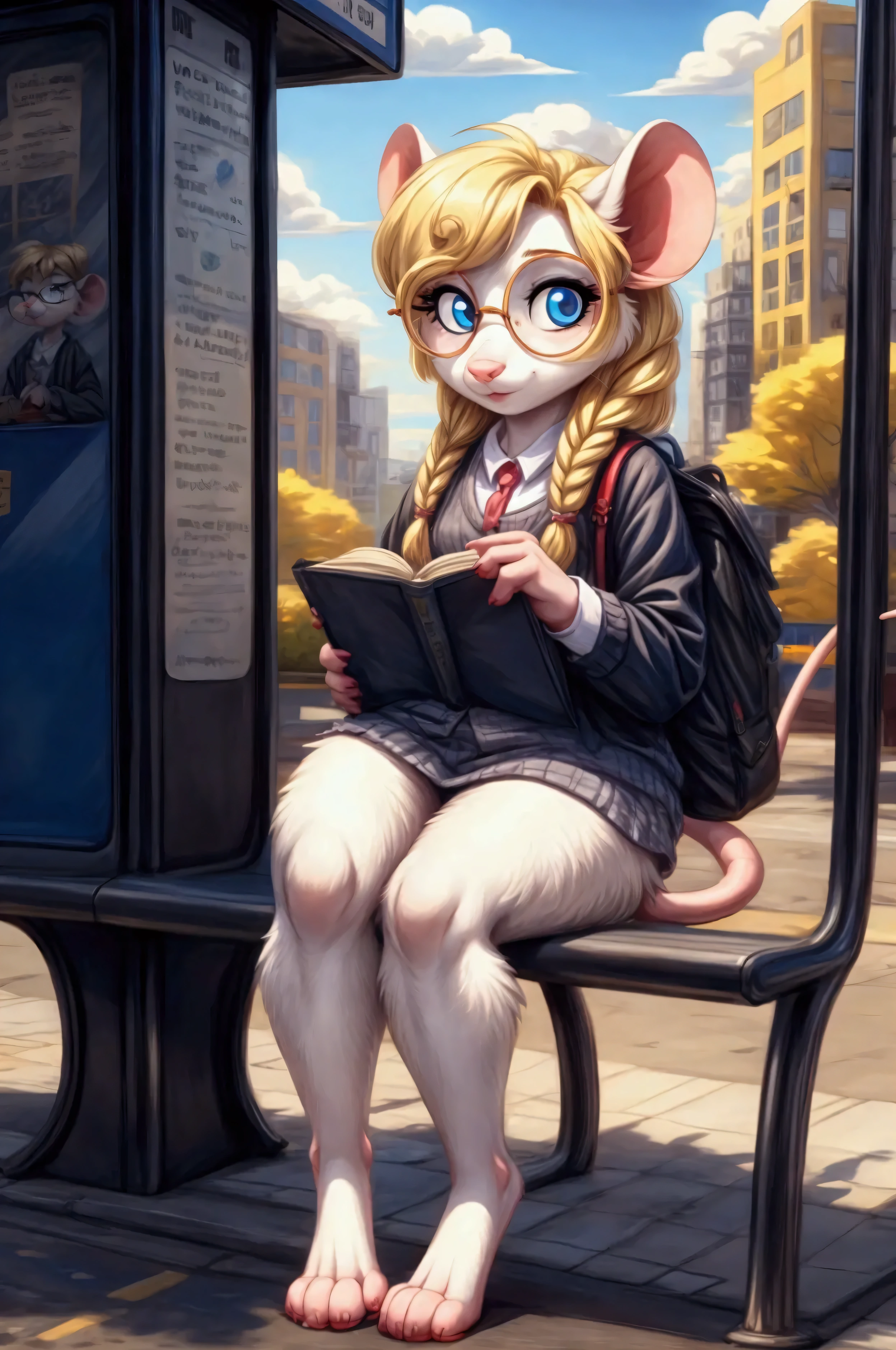 A nerdy dorky young grade 5 mouse girl with white fur and blonde hair in braids and blue eyes large round glasses waiting at a bus stop in the bad part of the city, in an anthro cartoon style