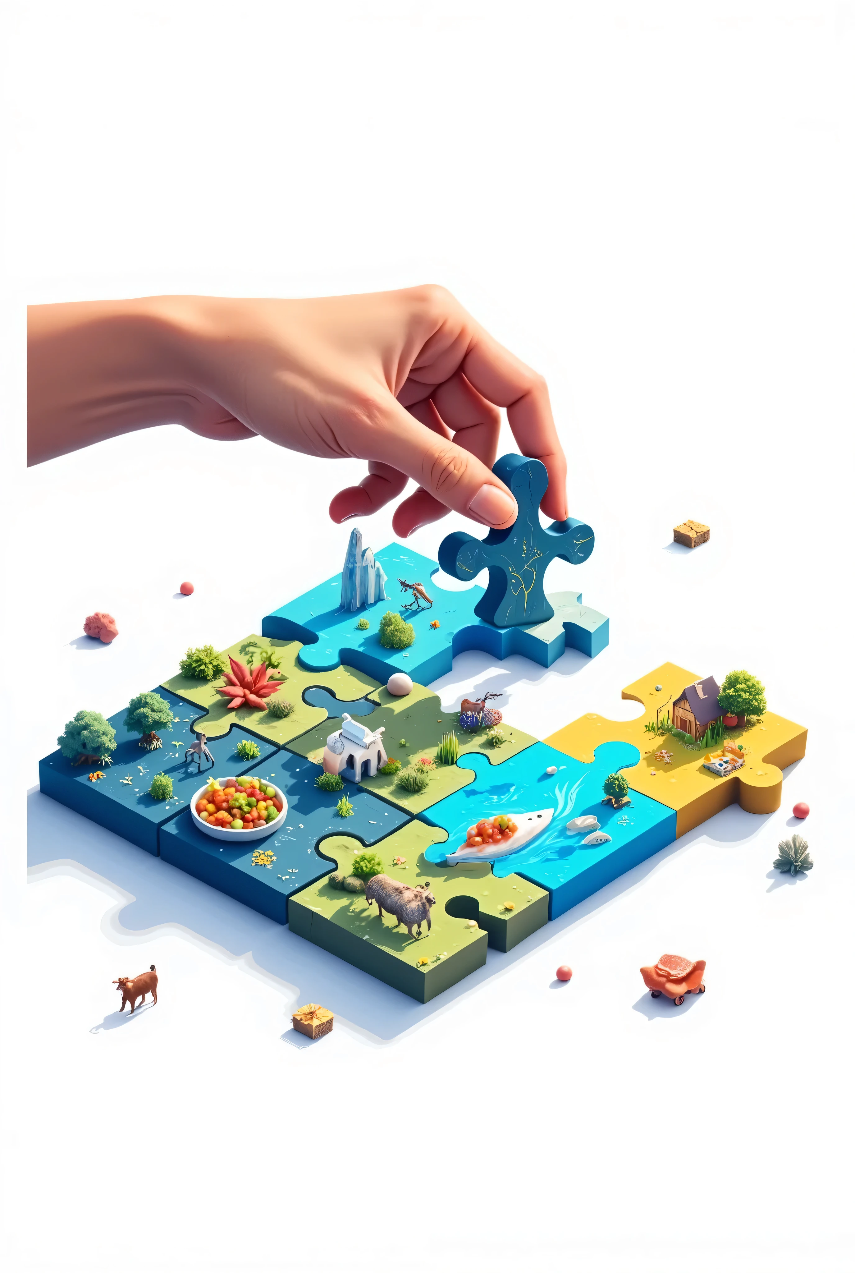 (11 piece of jigsaw puzzle with business theme about livestock, fisheries and plantations image inside it neatly arranged fit to each other, one of the puzzle got scrambled, isometric), white background, vector style, vibrant color of light blue - dark blue - yellow, (realistic giant hand holding one of the puzzle piece with its fingers:1.3)