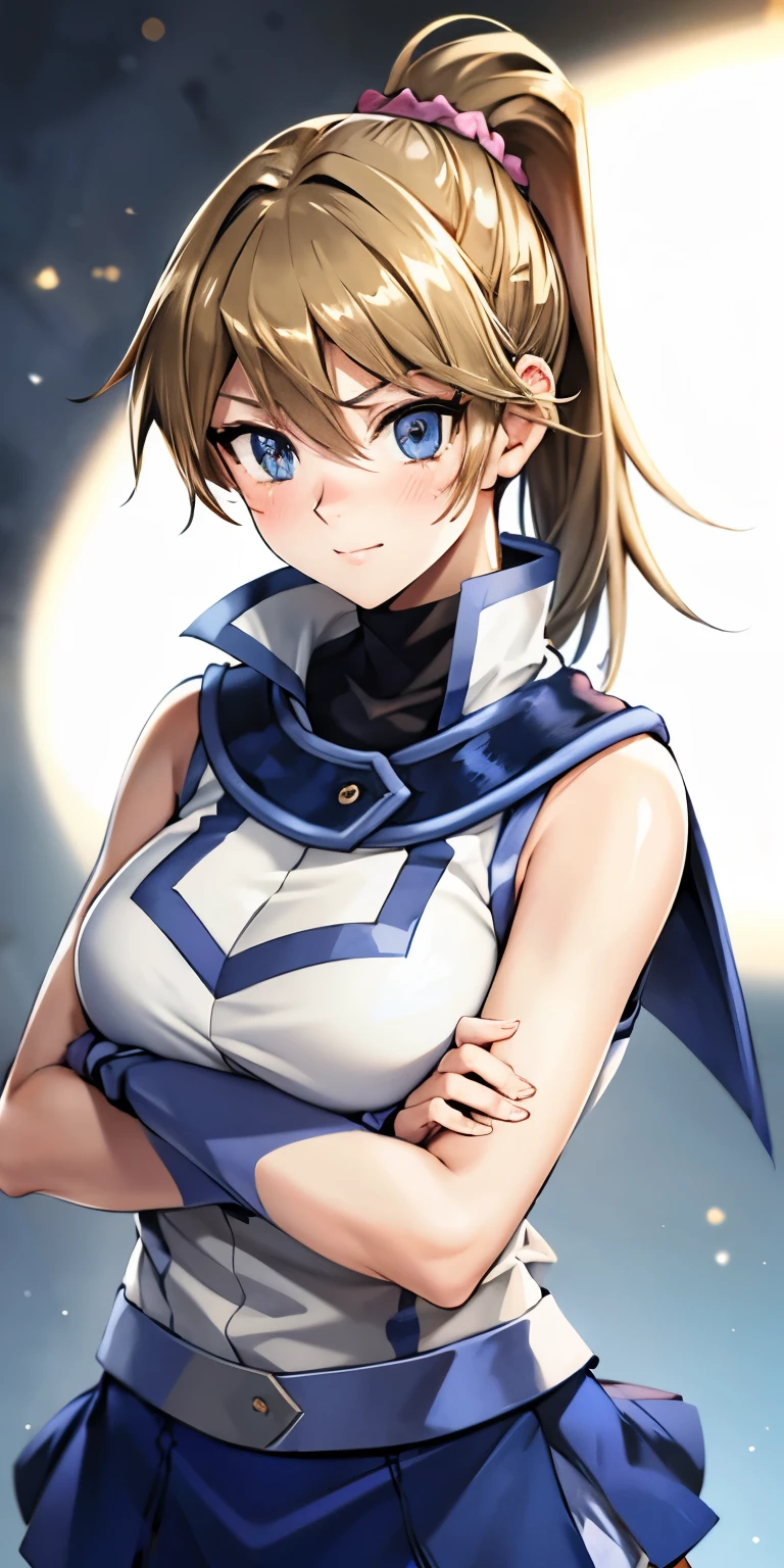 1 Female,High definition,high resolution,Ultra-realistic,8K, bbmazaki, ponytail, hair scrunchie, blue eyes, white jacket, sleeveless, blue skirt,tight skirt , miniskirt,fingerless gloves, large breasts,European,sexy,Upper body close-up,Photographed from the front,Dynamic Angles,(blush), (medium tits) ,(crossed arms)