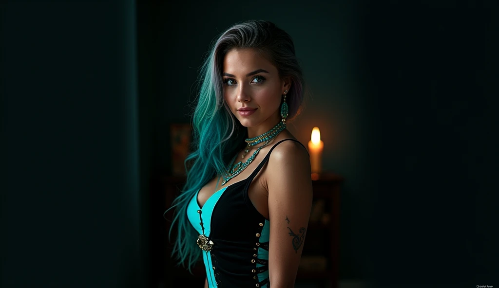 Generate a (hyperdetailed, realistic, Full Body), photo of Nia, (((turquoise color eyes))), (((long, silky, straight, Ombre blend of shimmering silver and celestial blue hair))), (((Position Nia with her long, silky hair styled in Voluminous Hair parted down the middle with sleek, straight strands falling evenly on both sides hairstyle, cascading down her shoulders , strands framing her face delicately))), (fair skin:1.4), (((Massive round natural breasts with deep cleavage))), (Massive round natural Breasts:1.8), (Greek and Russian mix ethnicity), (hourglass figure, perfect body, NSFW, perfect anatomy, masterpiece, best quality).(((She is wearing a Women Lace Bodysuit One Piece Choker Teddy Lingerie Babydoll Black, the soft fabric complementing her curves.))) Nia leans back against the brick wall, one leg slightly bent, with her hands resting on her hips. A seductive, half-smile with a smoldering gaze directly at the camera. The lighting should highlight the curves of her body and the texture of the lace bodysuit, creating a play of light and shadow on the brick wall. She wears Pearl earrings and a gold necklace with delicate round gold locket. She is wearing a Women Lace Bodysuit One Piece Choker Teddy Lingerie Babydoll Black. Soft, warm spotlight to create depth and shadows, accentuating Nia's figure and the texture of the brick wall. Softbox lights with diffusers for subtle, even illumination, reducing harsh shadows. She is wearing a Women Lace Bodysuit One Piece Choker Teddy Lingerie. 8k, (Fit, Athletic, Tall), (Massive Breasts), (Highly detailed facial and skin texture), (Best quality, ultra detailed, Golden ratio, Masterpiece:1.2), (Theatrical lighting:0.7, Perfect rare face), (Highly detailed skin), skin texture, Pale skin, shiny skin, (thin, large size:1.2), [:(Sharp focus on rare face, perfect eyes:1.2):0.2], hyperdetailed photography, UHD, realistic skin texture, shot with Canon EOS 5D Mark IV and Canon EF 50mm f/1.4 USM lens, highly detailed.
