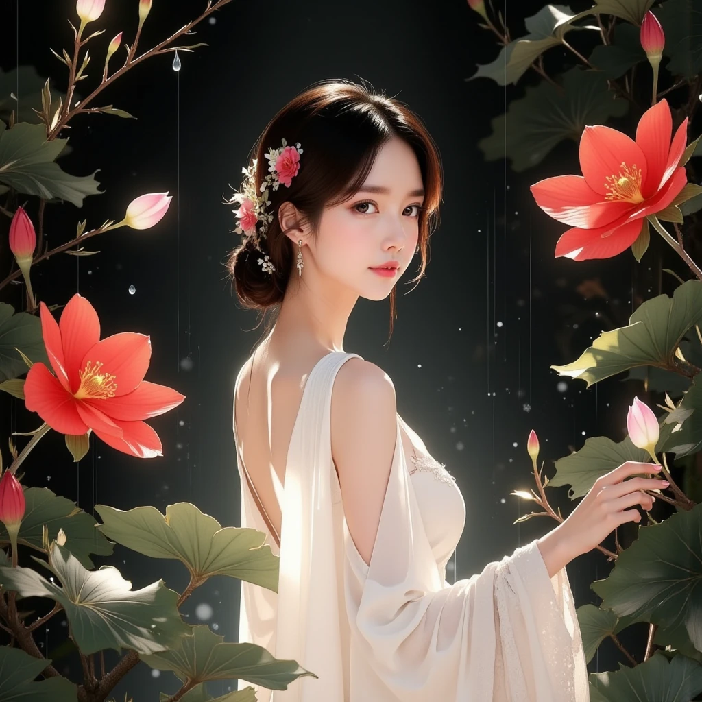 A hyper-realistic Chinese ink wash shuimo-painting, featuring a beautiful East-Asian woman surrounded by vibrant red flowers and a single white flower in the foreground. She is turning back and looking at the viewers with an elegant and serene expression. She is wearing a flowing white elegant dress, which glows softly in the subtle lighting. The detailed petals and buds are complemented by dark green leaves adorned with raindrops, surrounded by heavy rain falling gracefully. The image incorporates invert color, glow line, invert outline, glow, and shine to emphasize the intricate details of the woman, flowers, and leaves. The leaves appear semi-transparent with delicate veins, enhanced by soft gradients. The background features black mist, creating a soothing and mysterious atmosphere. The composition highlights natural beauty with a watercolor effect, blending cinematic lighting and high contrast for an elegant, peaceful, and minimalist result.