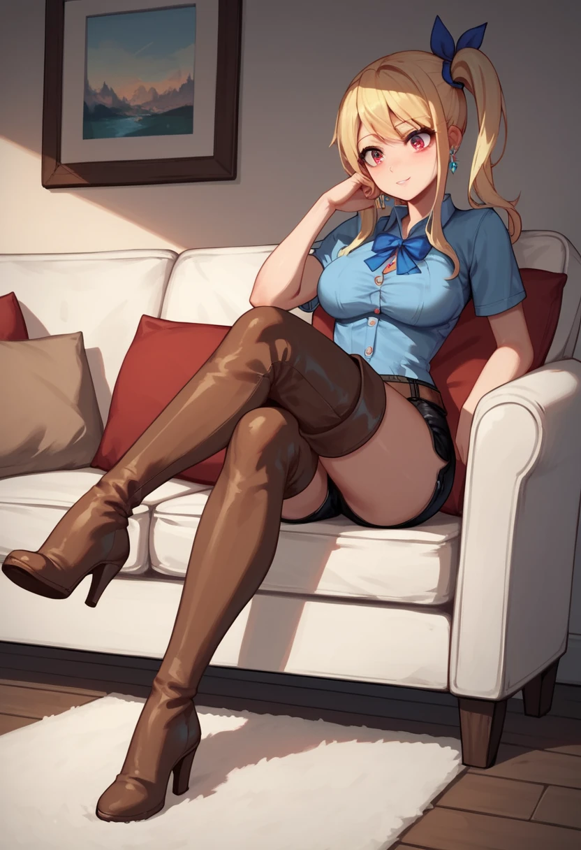 score_9, score_8_up, score_7_up, score_6_up, score_5_up, score_4_up, source_anime, 1girl,lucy heartfilia, blonde hair, long hair, twintails, blue ribbon, red eyes, large breasts, earrings, thigh boots, brown boots, cool boots, long heels, blue shirt, black shorts, crossed legs, sit, sofa, room, best quality, best res, 4K UHD,
 