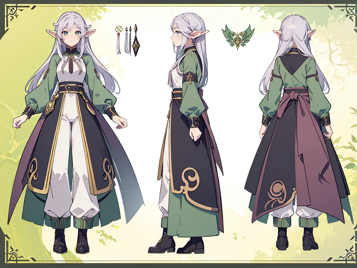 

((masterpiece)),(((best quality))),(character design sheet, same character, very long hair), elven woman, ((side view:0.5)) anime girl, Gesture, character design. ((green eyes)). 1girl, solo, teenager, ((white hair)), ((green eyes)), pants, long sleeves, pointed ears. ((black clothes))
