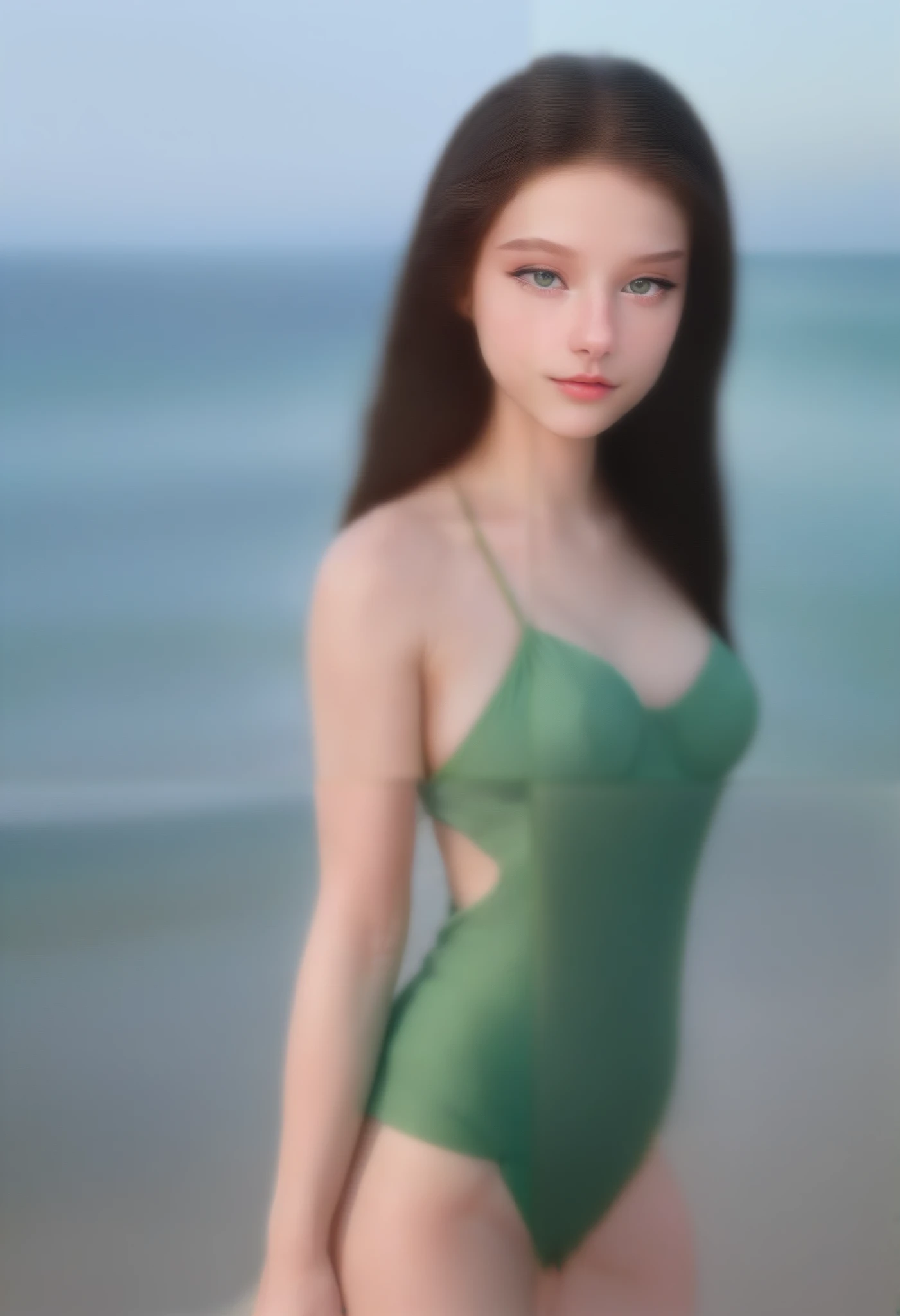 Masterpiece, Best Quality, 8K, Photographic Reality, Realistic, Octane Rendering, pale skin teen girl on beach (1 Woman: 1.4), (Only One woman on the Screen: 1.3), (Virgin), (bikini), (Long dark brown wavy Hair), (innocent), (Green Eyes) Upper Body Display, pale skin, young girl, innocent, NSFW