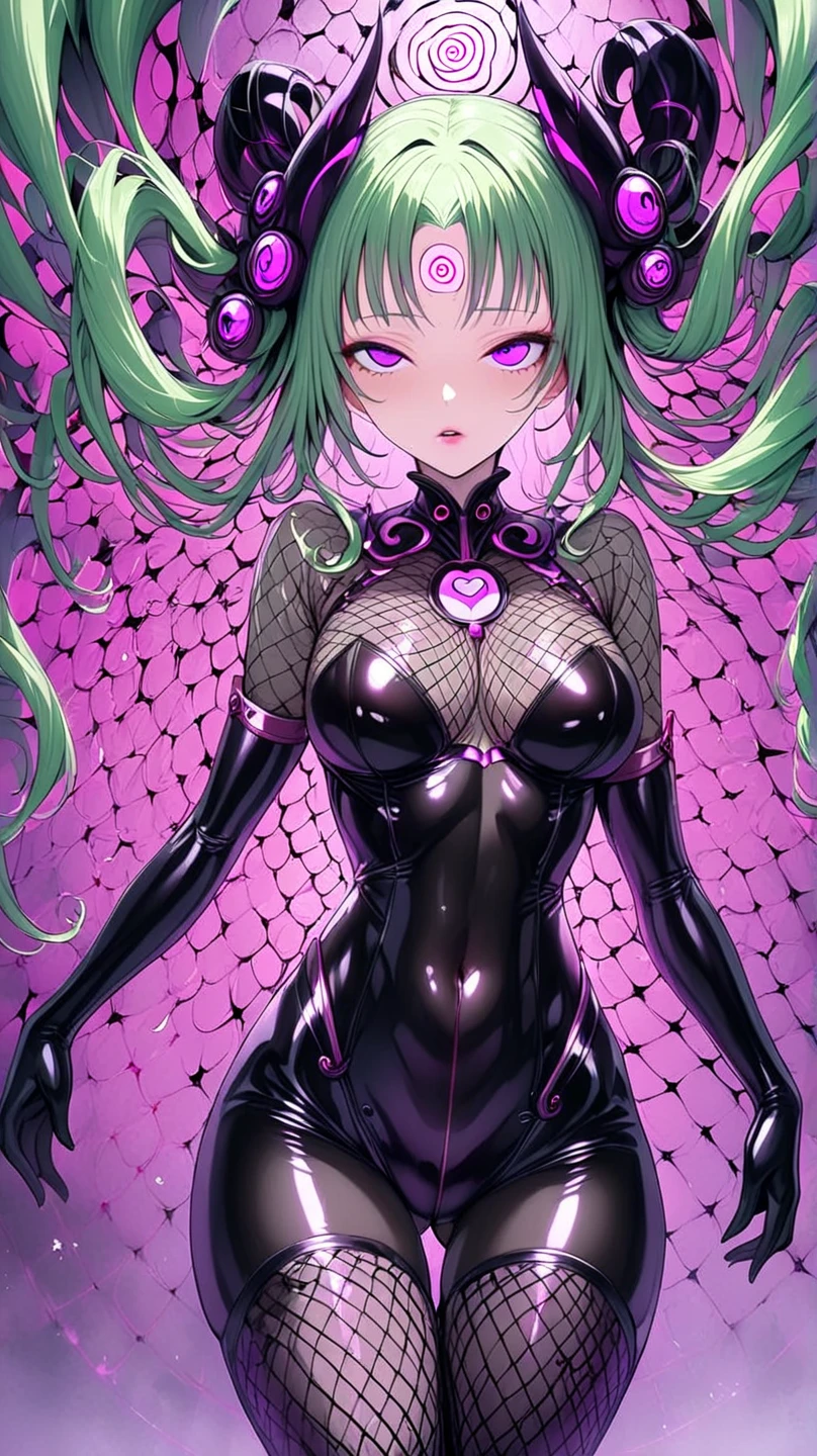  mature beautiful woman with ,( best quality, very detailed depiction , Incredible High Resolution ,High quality anime drawings),(Magical girl costume based on black and pink, latex bodysuit ,Body net suit, black tights, thigh-high boots),( green hair,Swirling Eyes,Purple Eyes, Hollow Eyes, Mind Control:1.3,hypnotism,Glossy lips, glamorous body, slender ,stoic,Empty look,Fall,Fallen into evil,Being manipulated,Beautiful legs, healthy legs), cowboy shot:1.3