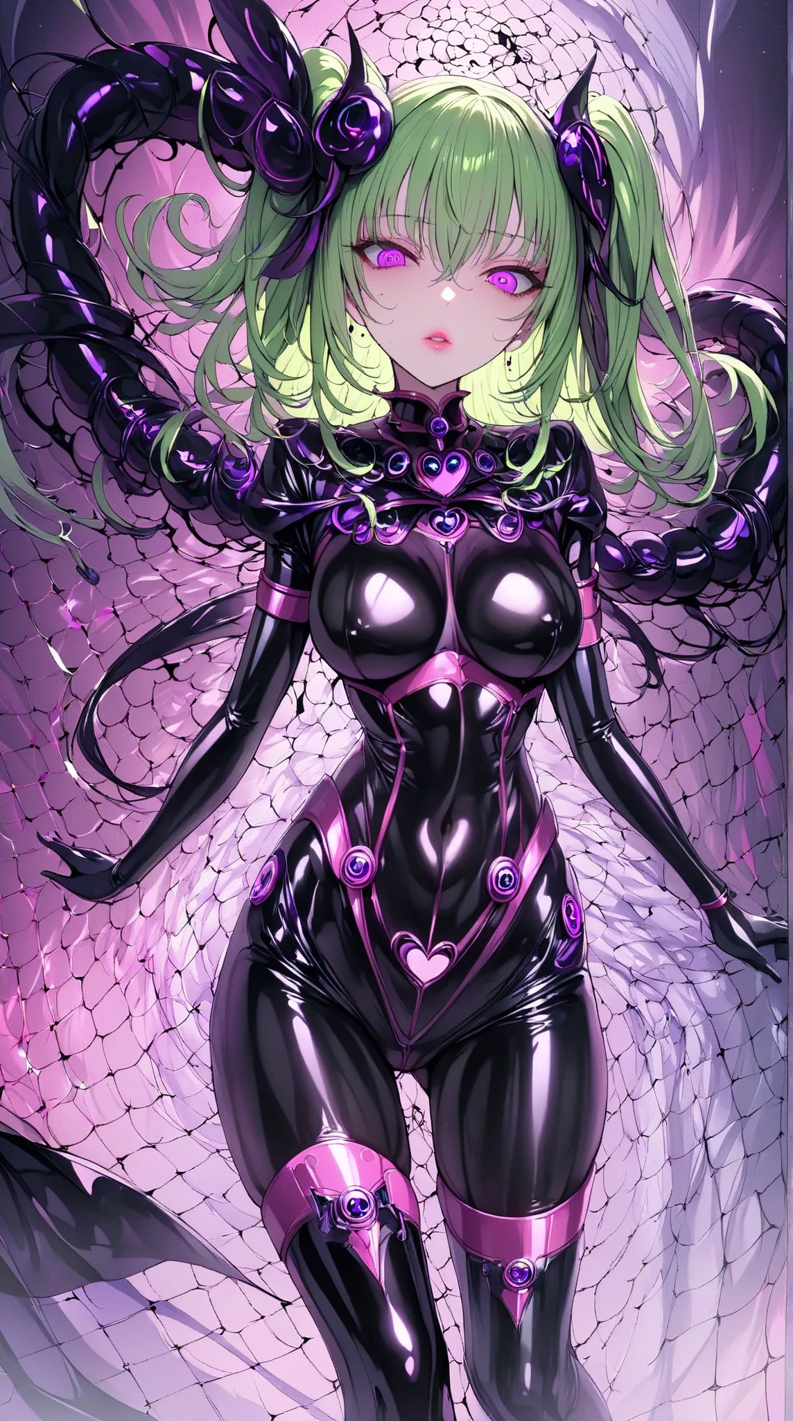  mature beautiful woman with ,( best quality, very detailed depiction , Incredible High Resolution ,High quality anime drawings),(Magical girl costume based on black and pink, latex bodysuit ,Body net suit, black tights, thigh-high boots),( green hair,Swirling Eyes,Purple Eyes, Hollow Eyes, Mind Control:1.3,hypnotism,Glossy lips, glamorous body, slender ,stoic,Empty look,Fall,Fallen into evil,Being manipulated,Beautiful legs, healthy legs), cowboy shot:1.3