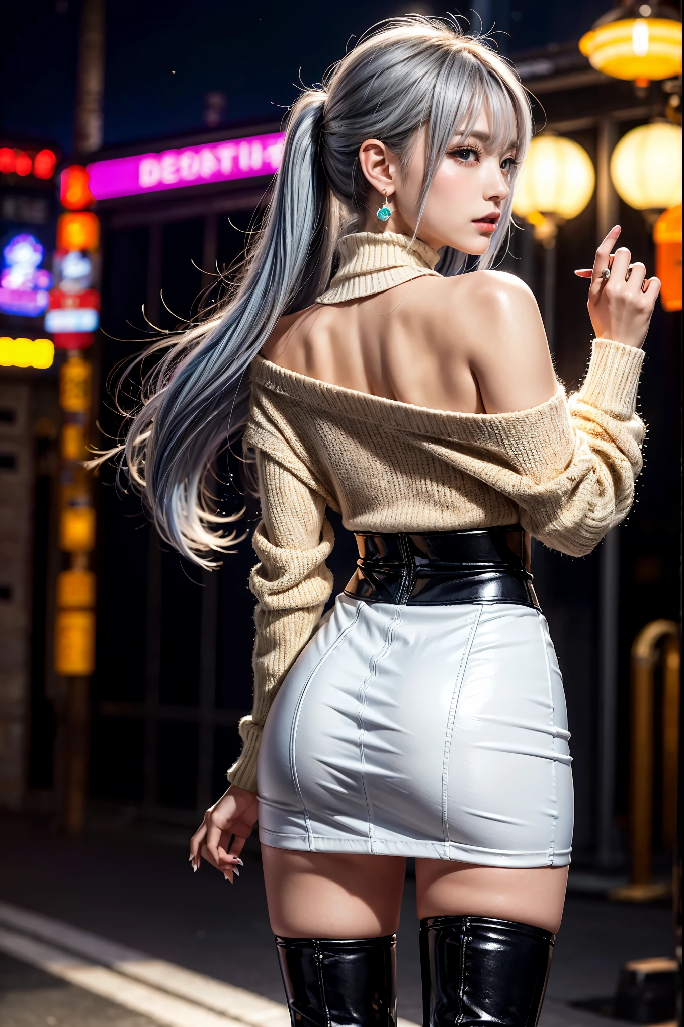 4K, RAW photo, best quality, masterpiece, ultra high resolution, (photorealistic:1.4), realistic, (best quality, masterpiece:1.2), (extremely intricate, detail_face:1.2), (1girl, slim), full body, dynamic pose, dynamic angle, ((from behind)), (exhibitionism), shibuya \(tokyo\), bus stop, bus stop sign, (nsfw:0.8), ((only_sweater)), (off shoulder-sweater, crop top-sweater, long sleeves-sweater), ((low-rise)), (pleated skirt, miniskirt), choker, earrings, navel piercing, light_on_face, black hair, shiny skin, (gigantic breasts), narrow waist, (thighs), thigh gap, realistic_fingers, whole_fingers, red lips, makeup, huge ass