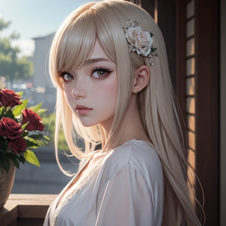 Fille anime avec de longs cheveux noirs et une robe blanche avec des roses rouges, guweiz, Guweiz sur Pixiv Artstation, Art numérique anime détaillé, belle fille d'anime, Guweiz sur ArtStation Pixiv, style anime 4 k, les gars, beau portrait d'anime, portrait détaillé de fille d'anime, belle femme anime, art d&#39;anime détaillé en levrette robe levée