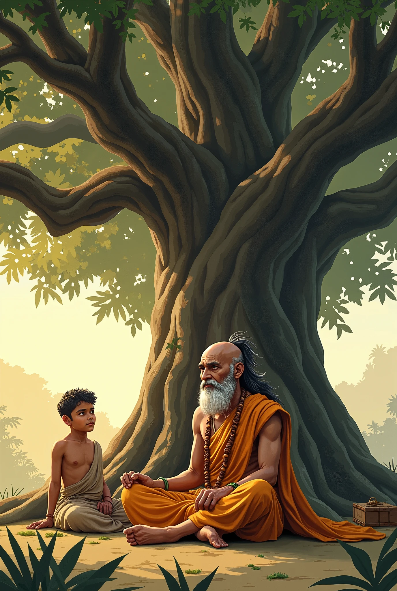 Indian gurukul boy students and guruji under the tree 