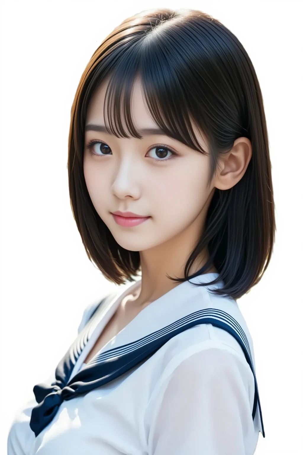 masterpiece,  best quality,  realism,  ultra detail,   fine details,  high definition , 8k wallpaper,  Japanese girl who can see into the distance, 18 years old, ( very cute face like a popular idol), smile, Beautiful slim figure,　Neat and beautiful model ,  Glossy Black Hair , Slightly longer bob hair,  beautiful detailed eyes ,  ( Teal Eyelids),  natural lips,  smaller breasts,  white sailor school uniform, 