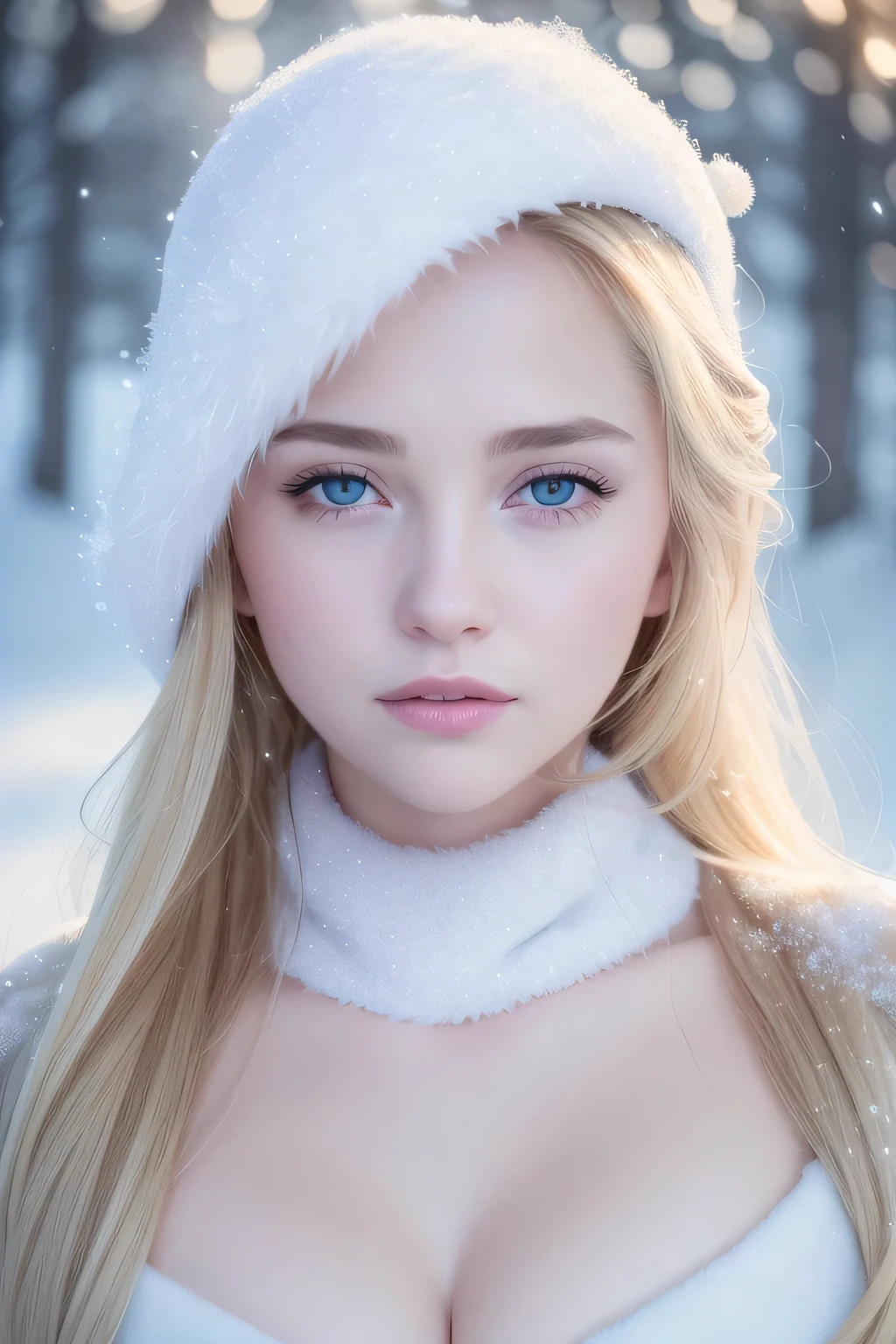 (raw photo: 1.2), (photorealistic: 1.4), (best quality: 1.4), (ultra highres: 1.2), (highly detailed: 1.3), (HDR: 1.2), (cinematic lighting: 1.3), (detailed eyes), (detailed facial features), (detailed fur), (snowy background: 1.2), blonde hair 8-year-old child, (body portrait 3/4: 1.2),, (soft fur: 1.2), (adorable:1.2), (looking at the viewer), (innocent expression), (soft lighting), (dreamlike), (fantasy:1.3), (ethereal:1.3), (magical:1.2), (snowflakes: 1.2), (winter wonderland:1.3), (capricious:1.2), (funny:1.2).