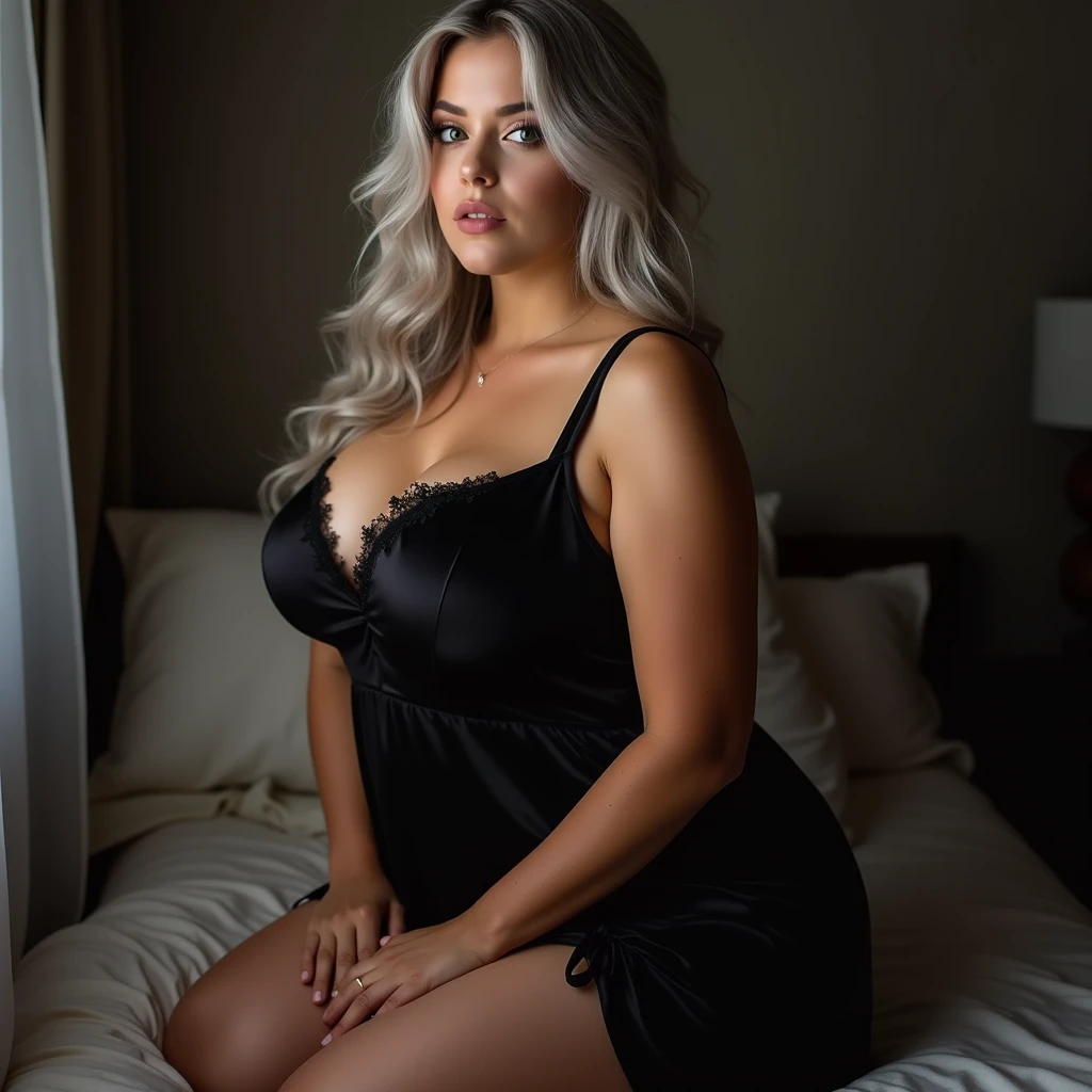 curvy Big body model wearing white night rob inside her room long white hairs exudes attitude