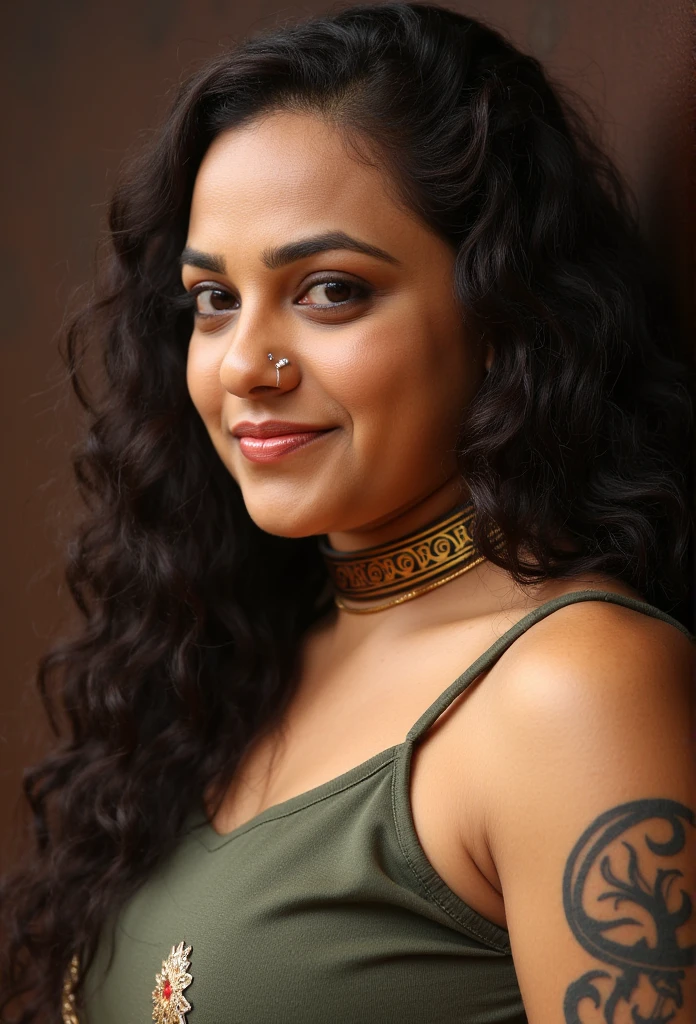 Indian mature woman, naked, mohawk, septum piercing, face tatoos, dimples, thick belt around neck, naughty expression, shiny latex bodysuit, close-up, UHD, retina, masterpiece, accurate, anatomically correct, textured skin, super detail, high details, high quality, award winning, best quality, highres
