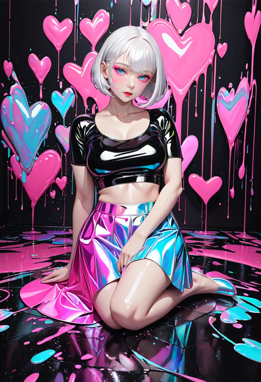 (( Sitting on bubble gum)A girl with Wavy light blue hair. Small blue heart  shaped tattoo  on upper-cheek wearing a black leather whole body swim suite. Black ankle-high black boots and purple fishnet stockings 