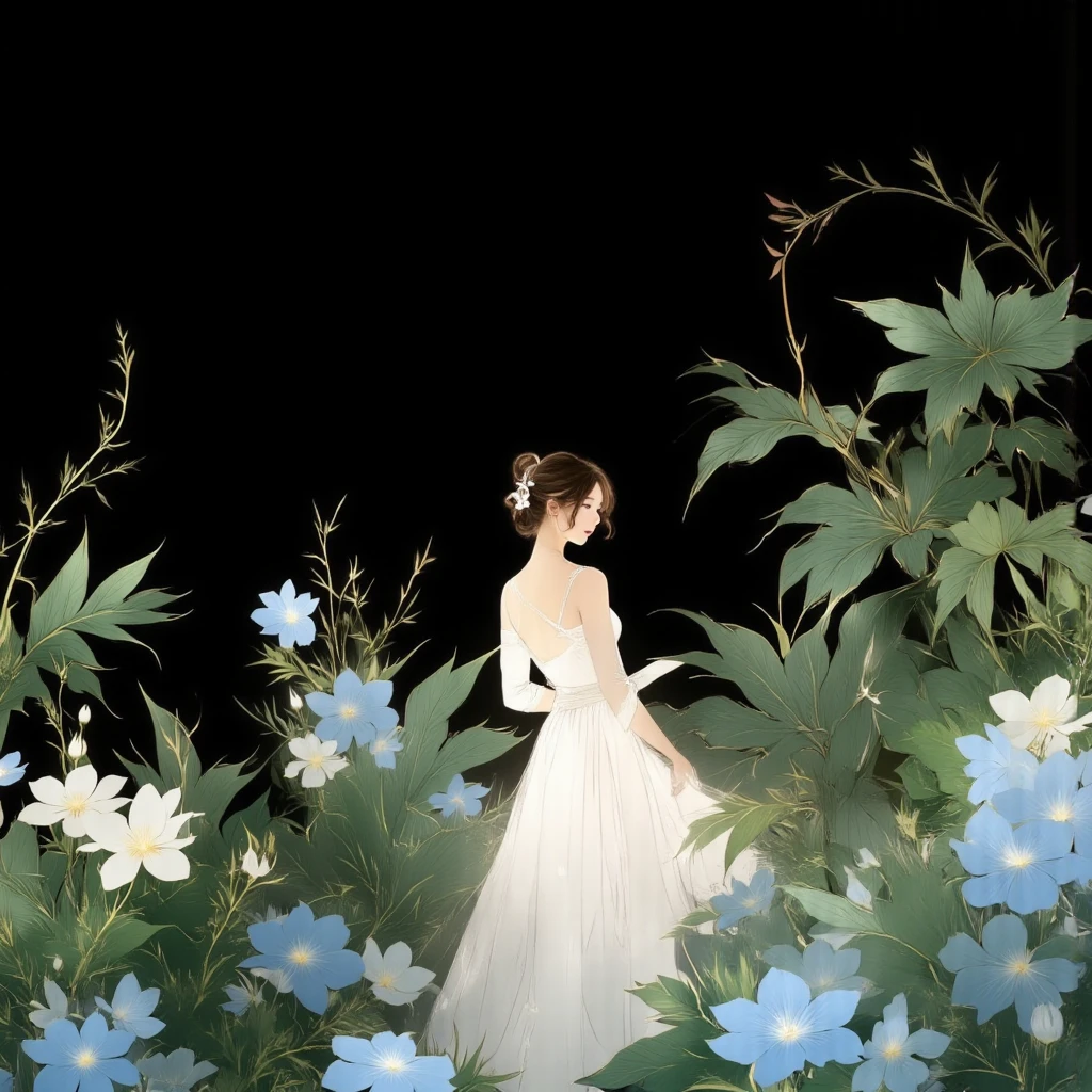 A hyper-realistic chinese ink wash shuimo-painting, featuring a beautiful east asian woman surrounded by natural green leaves and blue flowers. the woman is turning back and look at viewers.she is wearing a white elegat dress. The image uses inverted colors, glowing outlines, and a shining effect to emphasize the subject. The leaves appear semi-transparent with delicate veins and are enhanced by soft gradients. The background is completely black, creating a soothing and serene botanical theme. The composition highlights natural beauty with a watercolor effect, combining airy and serene elements, created with soft digital airbrushing. The overall atmosphere is elegant, peaceful, and minimalist.