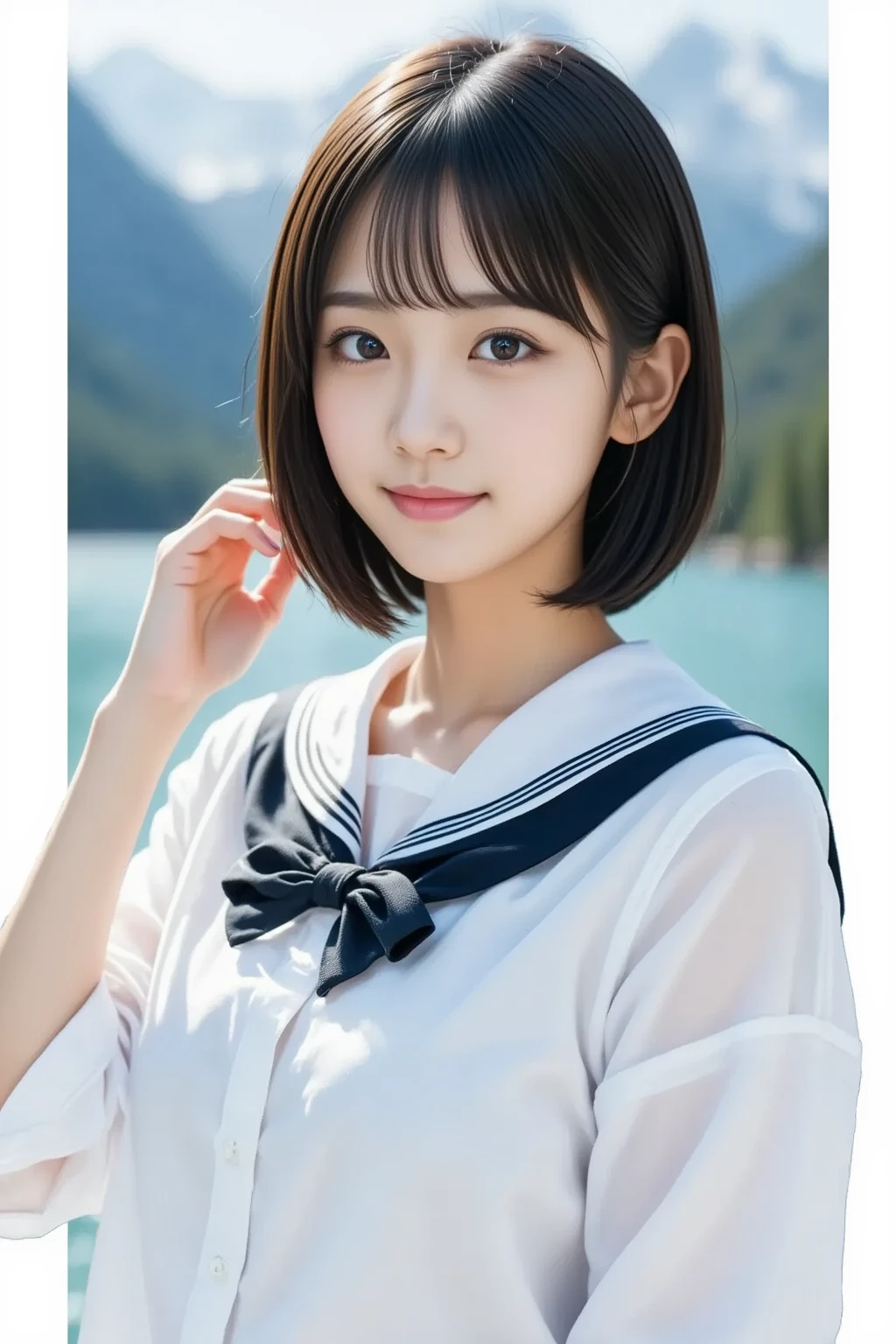 masterpiece,  best quality,  realism,  ultra detail,   fine details,  high definition , 8k wallpaper,  Japanese girl who can see into the distance, 18 years old, ( very cute face like a popular idol), smile, Beautiful slim figure,　Neat and beautiful model ,  Glossy Black Hair , Slightly longer bob hair,  beautiful detailed eyes ,  ( Teal Eyelids),  natural lips,  smaller breasts,  white sailor school uniform, (Inside the beautiful mountains of Japan)