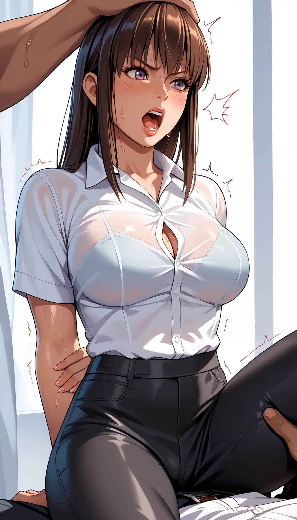 LeiFangDOA, gasp, 1 girl and 1 male, a male holding girl’s leg, glossy black pants, a glossy white business shirt, arms behind back, {{arching the body backward}}, office lady, be breathless, sweat, sparkling sweat, trembling, long brown straight hair, breasts, [[angry]], blush, {anguish}, {{shameful}}