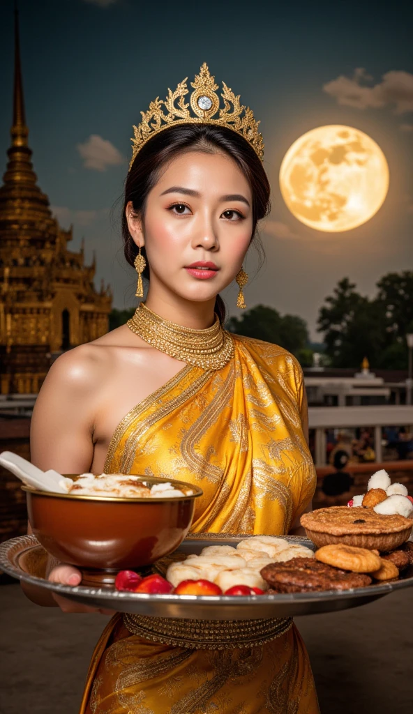 A realistic depiction of a stunningly beautiful Thai woman with lifelike features, dressed in traditional Thai golden attire, wearing an intricated thai crown. She holds a large bowl of Tom Yum Kung in her left hand and a tray of Thai desserts, including Thong Yip and Thong Yod, in her right hand. The background is an artistic illustration resembling a painting, featuring a traditional Thai tuk-tuk on the left and the iconic Wat Phra Kaew (Temple of the Emerald Buddha) on the right. Large Full moon with mandala style in the back. The picture in a high-resolution composition. take by profestional protograhper. Christmas Themed at the midnight in Thailand