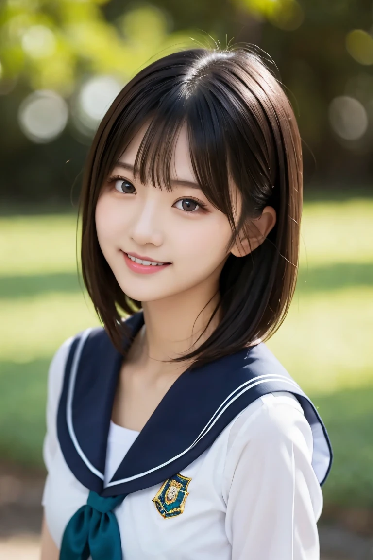 masterpiece,  best quality,  realism,  ultra detail,   fine details,  high definition , 8k wallpaper,  Japanese girl who can see into the distance, 18 years old, ( very cute face like a popular idol), smile, Beautiful slim figure,　Neat and beautiful model ,  Glossy Black Hair , Slightly longer bob hair,  beautiful detailed eyes ,  ( Teal Eyelids),  natural lips,  smaller breasts,  white sailor school uniform, 